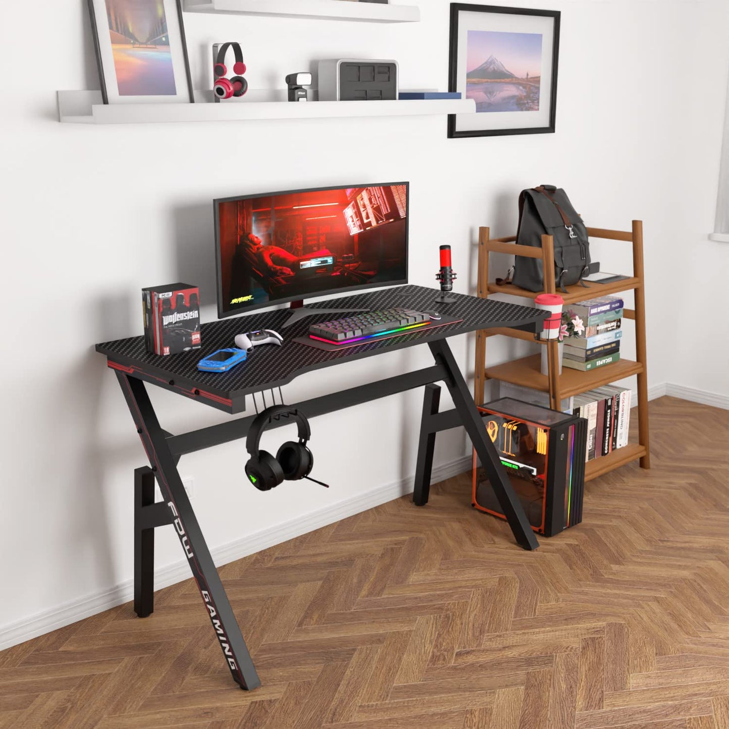 Home Mesh Office Chair and 47 Inch Gaming Desk with Carbon Fiber Table for Computer Gamer Workstation