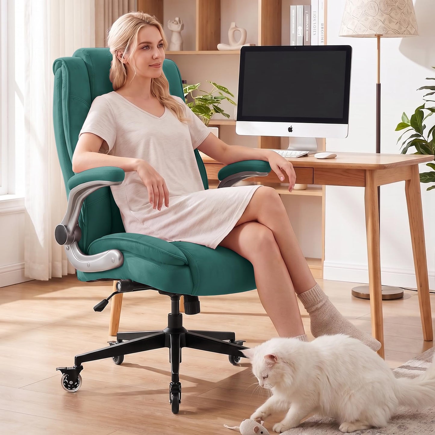 Fabric High Back Office Chair with Lockable Quiet Casters, Thick Padded Ergonomic Computer Chair- Adjustable Lumbar Support & Flip-Up Arms, Wide Executive Desk Chair for Back Pain, 400LBS Capacity