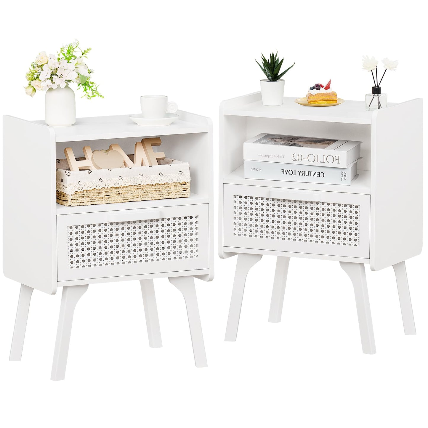 Lerliuo Rattan Nightstands Set of 2, Side Table with Drawer Open Shelf, Cane Accent Bedside End Table with Solid Wood Legs, Mid Century Modern Night Stand for Bedroom, Dorm and Small Spaces (White)