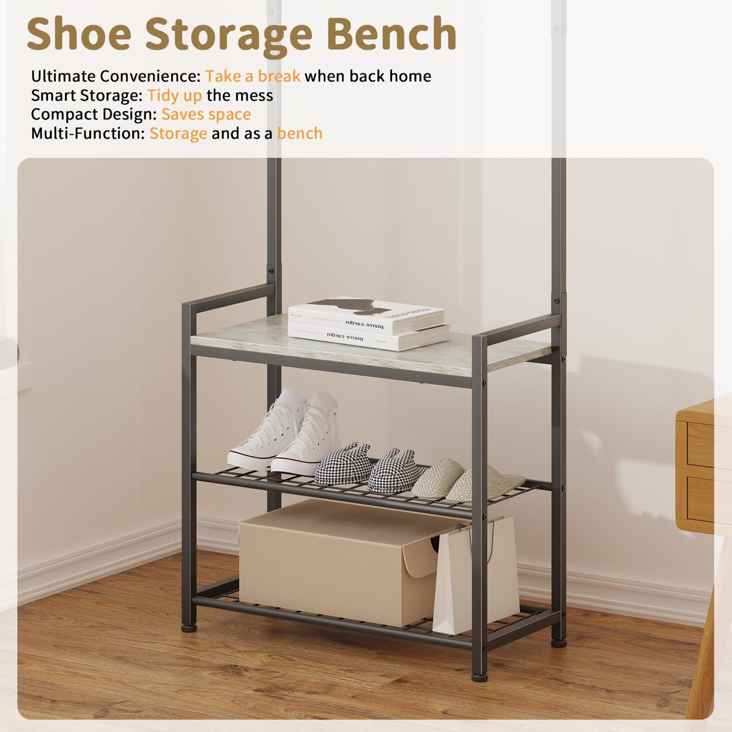 Hall Tree with Shoe Storage Bench - Entryway Bench with Coat Rack and Hooks - 3-in-1 Small Hall Tree for Entry Way, Entrance, Hallway, Doorway, Front Door, Mudroom, Small Space - Greige