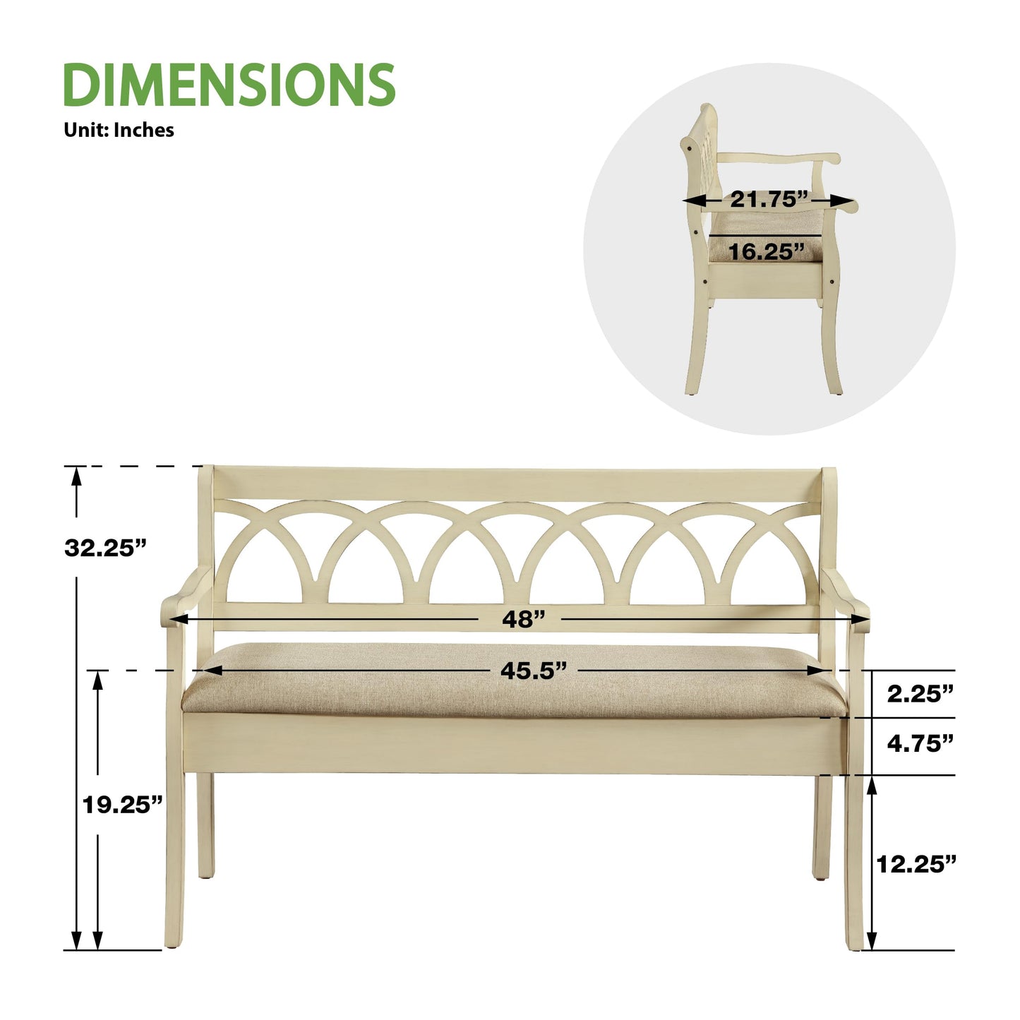 OSP Home Furnishings Coventry Solid Wood and Veneer Storage Bench, Antique White