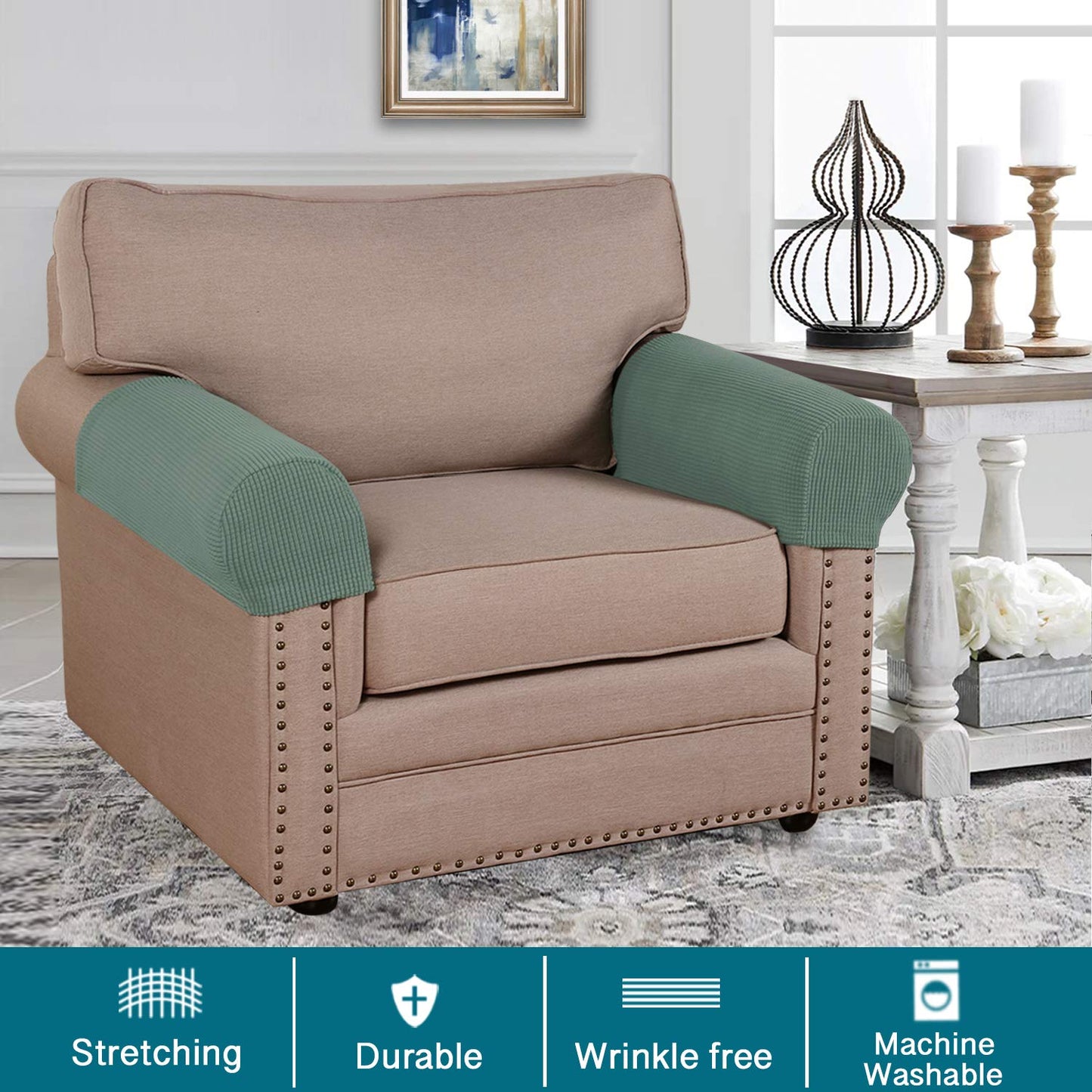 Turquoize Stretch Armrest Covers for Chairs and Sofas Couch Arm Covers for Sofa Spandex Jacquard Armrest Cover Anti-Slip Furniture Protector Armchair Slipcovers for Recliner Set of 2, Dark Cyan