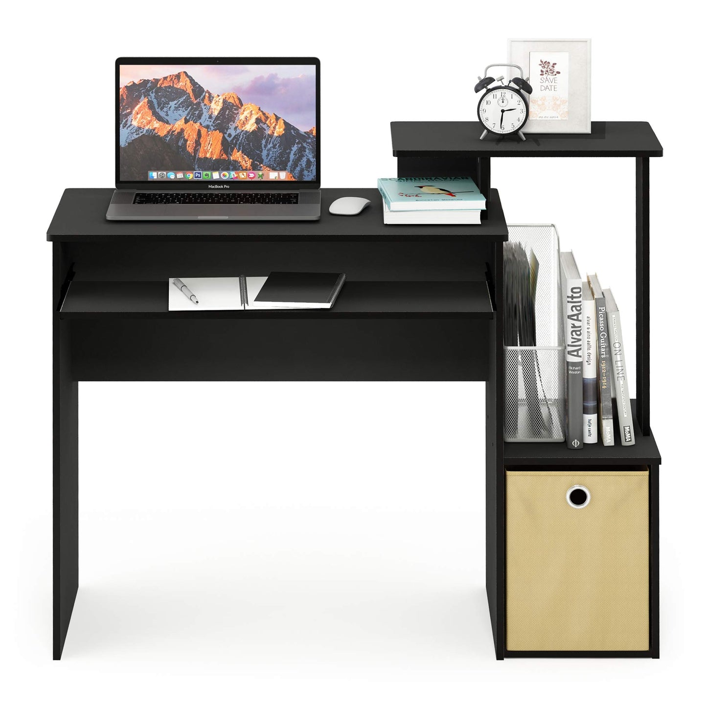 Furinno Econ 40-Inch Black Computer Desk Side Shelves, Office Desk with Keyboard Tray and Storage Bins, Rectangular Gaming Desk for Home Office, Bedroom, Study Room, Classic Black