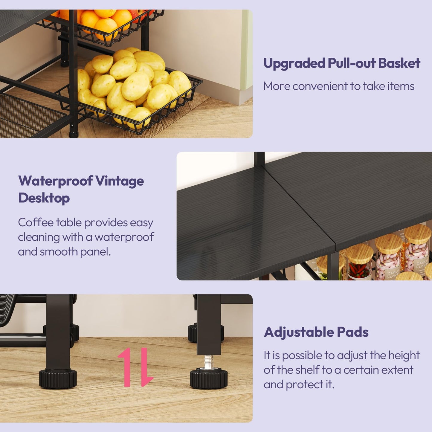 SWTYMIKI Bakers Rack with Storage - Coffee Bar Cabinet with Shelves, Coffee Station Organizer and Kitchen Stand with 8 Hooks, Baskets, Adjustable Feet for Kitchen Dining Room Pantry, Black