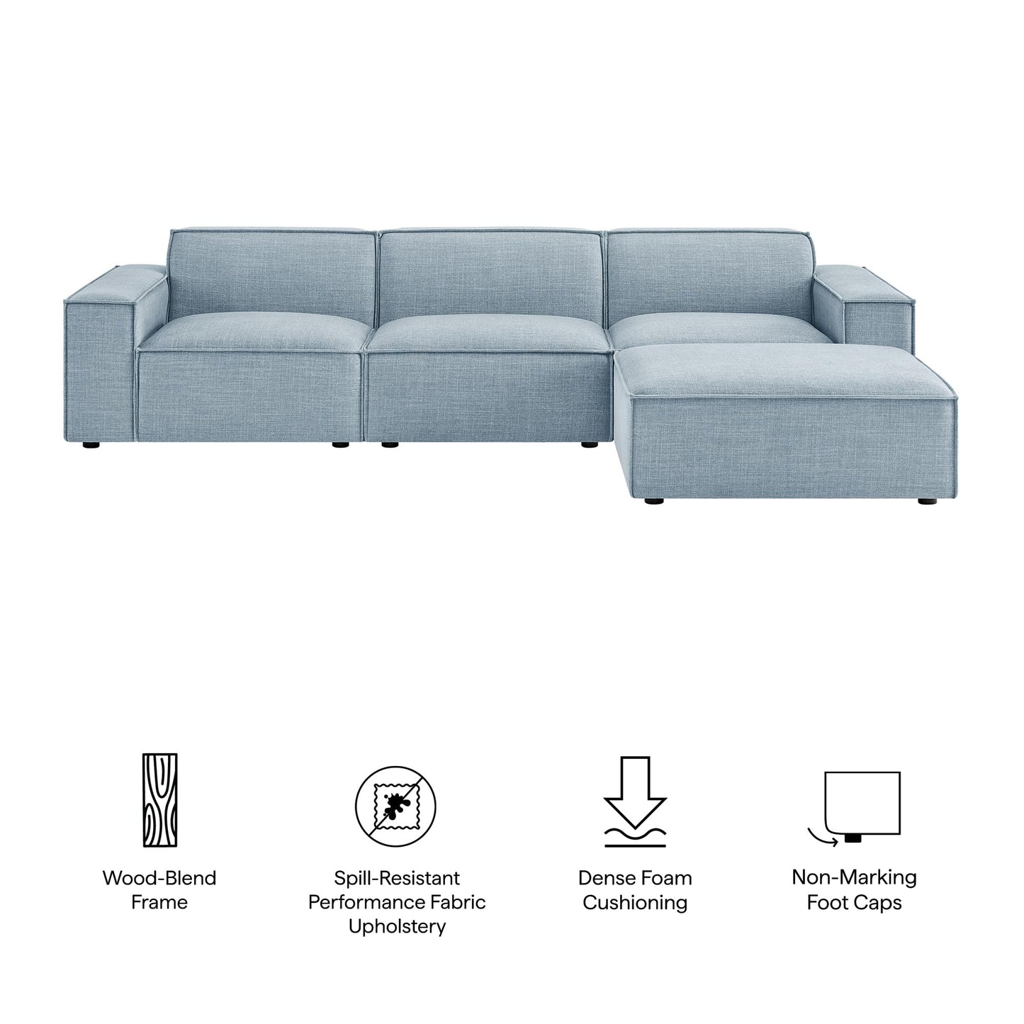 Modway Restore Performance Fabric Upholstered 4-Piece Modular Sofa Set with Ottoman in Sky - Low Profile Sectional Sofa with Coil Seat Support and French Piping