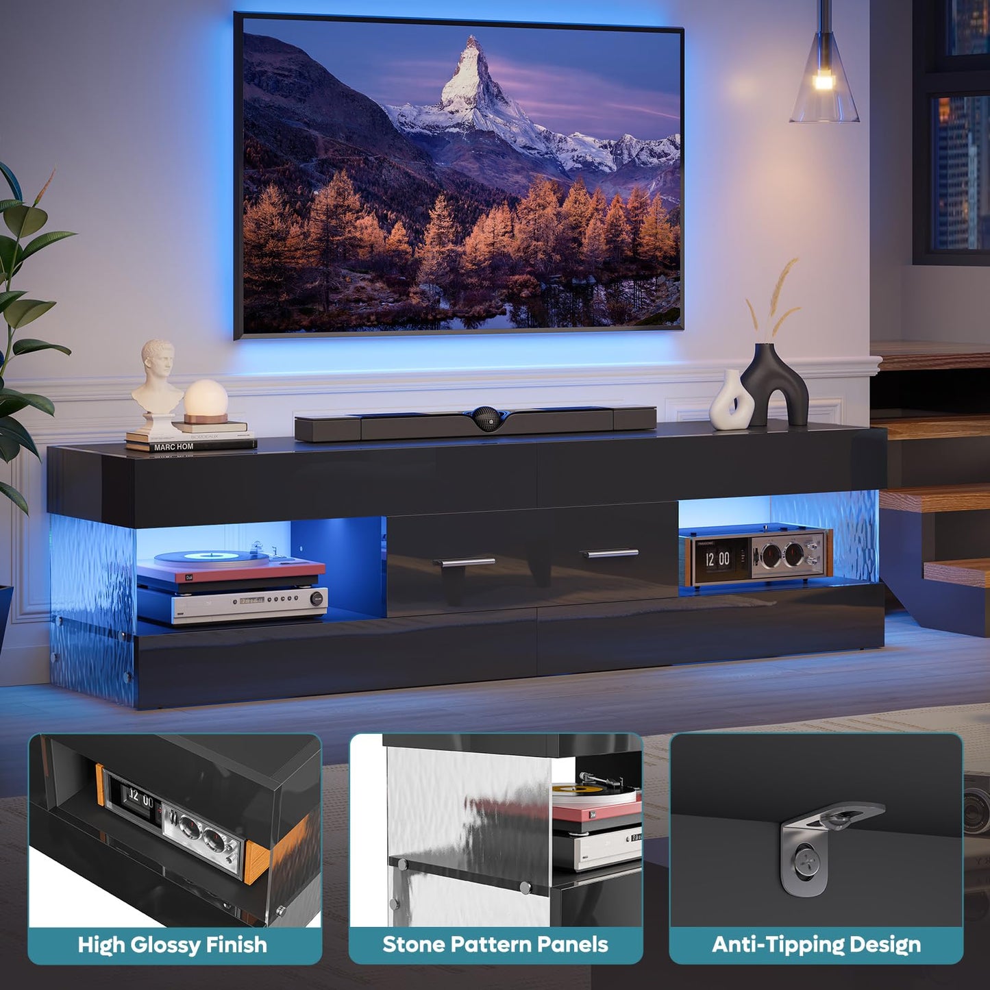Bestier Black TV Stand for 55/60/65 Inch TV, High Gloss Modern TV Stand with Stone-Patterned Side Panels, LED Entertainment Center with Large Drawer, TV Consoles for Living Room, Bedroom