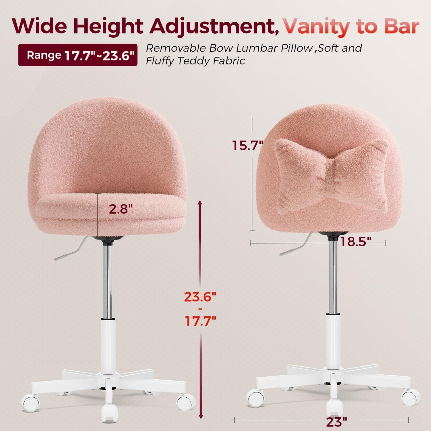 GTPLAYER Velvet Tall Office Chair with Wheels Vanity Chairs with Back, Versatile Height Use: Office to Bar Stools Small Ergonomic Comfy Armlees Computer Desk Chair with Bow Lumbar Pillow for Gift