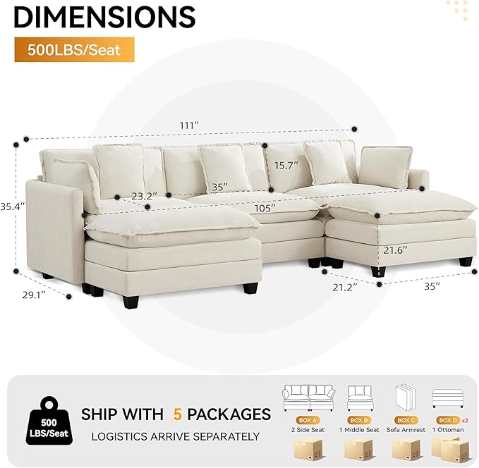 111'' Sectional Cloud Deep Seat Couch, Oversized Chenille U Shaped Sectional