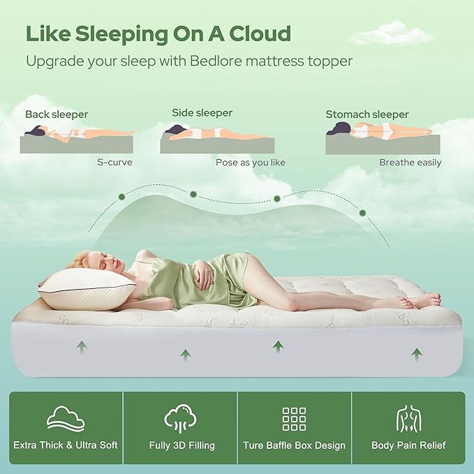 BEDLORE Queen Mattress Topper Viscose Derived from Bamboo, Thick Pillow Top