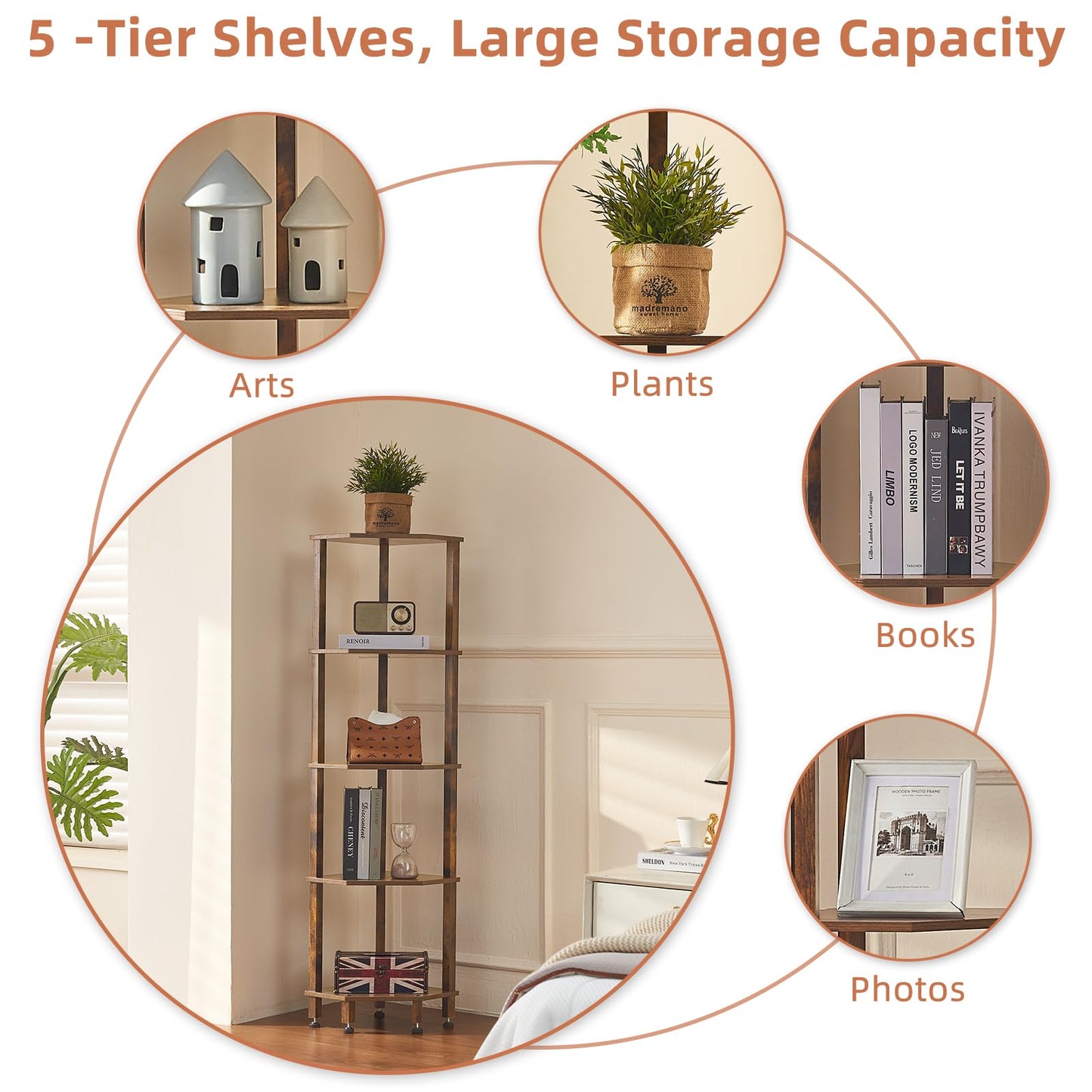 YUFAM 5-Tier Corner Shelf with Sturdy 5-Leg Base, Wooden Corner Bookshelf for Small Spaces, Corner Standing Shelf for Living Room, Bedroom, Office, Brown