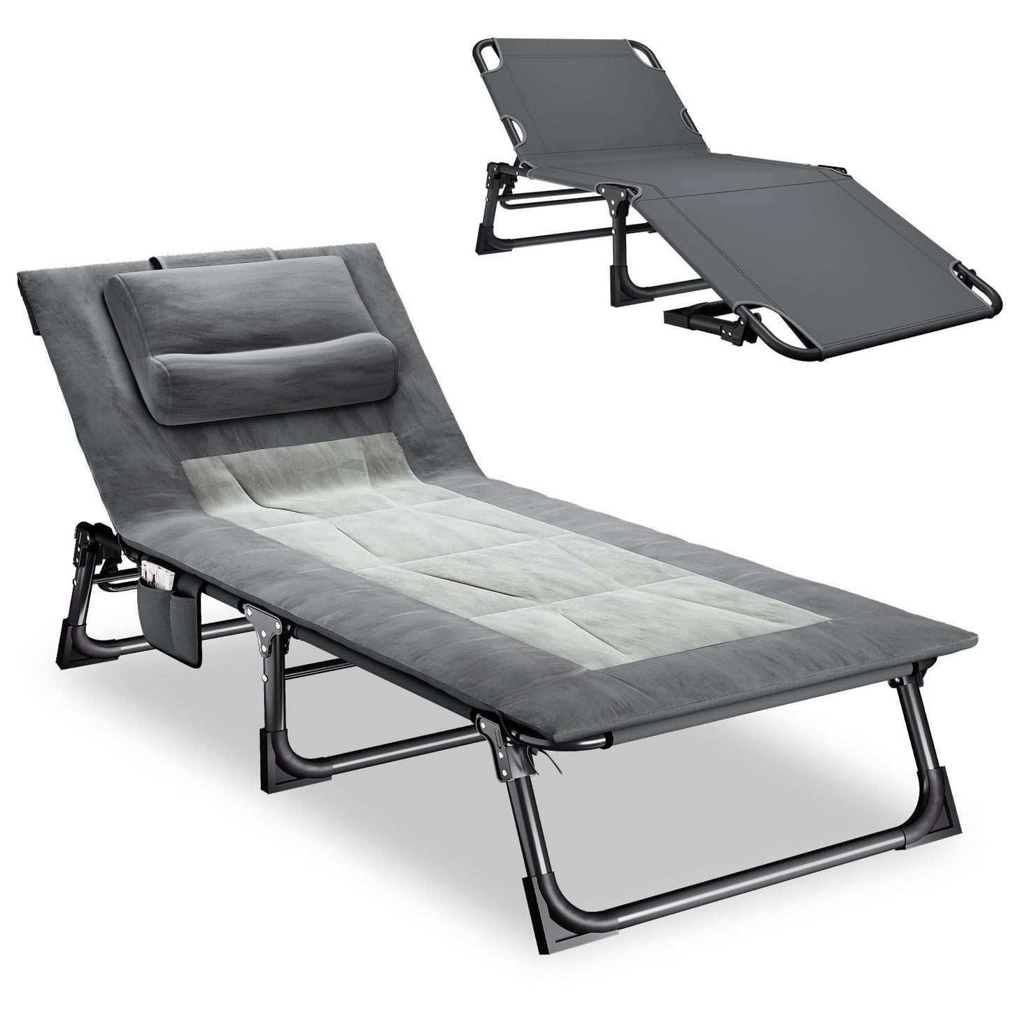 Mopaicot Folding Camping Cot for Adults, Adjustable 4-Position Reclining Chair with Mattress and Pillow, Lounge Chair Camp Cots Bed for Sleeping, Travel, Garden, Pool, or Office Nap (Gray)