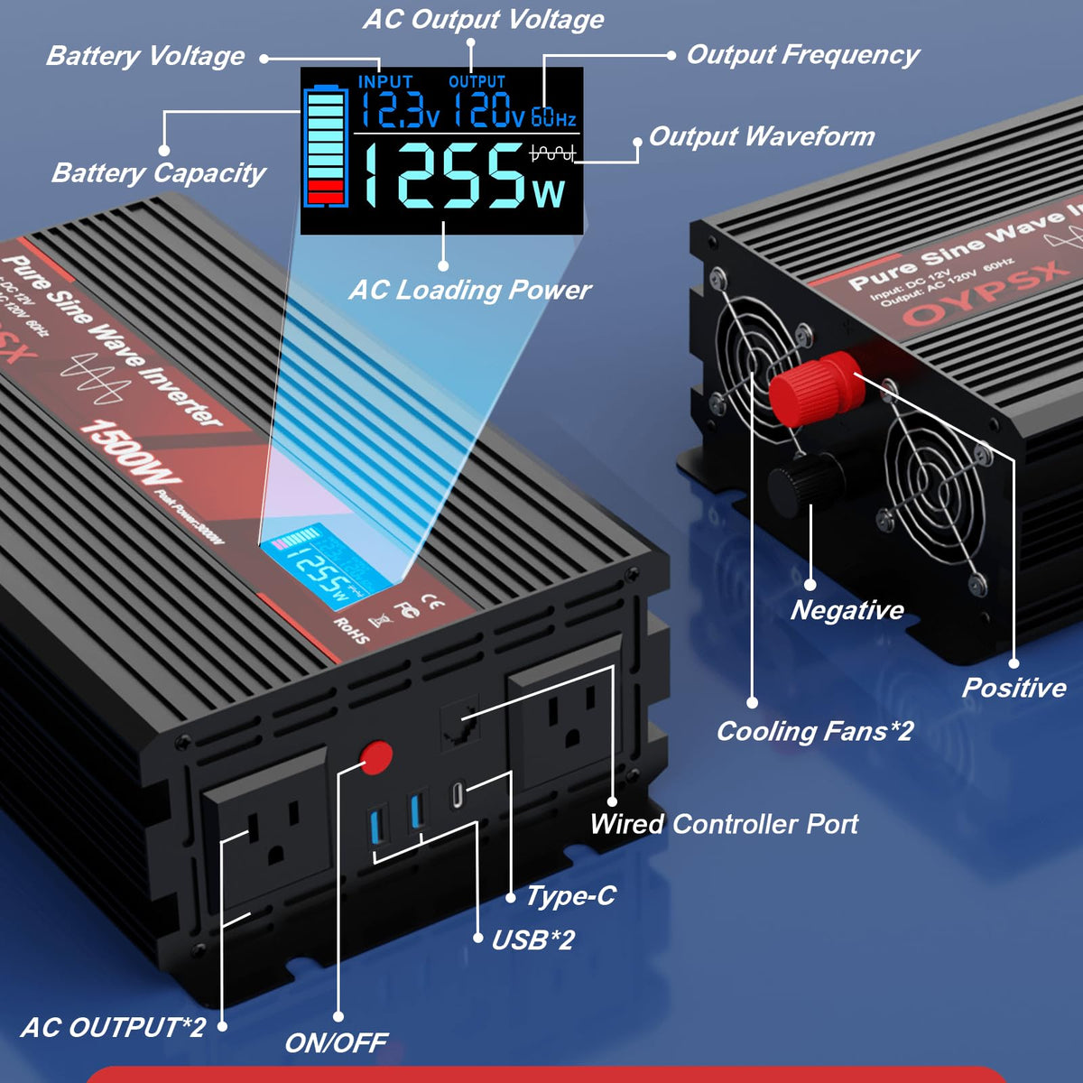 OYPSX 1500W Power Inverter 12V to 110V 120V AC Pure Sine Wave Inverter for RV Truck Camping,Outdoor Off-Grid Power Converter with LCD Display,Wired Controller,AC Outlets USB Ports (12V-1500Watt)