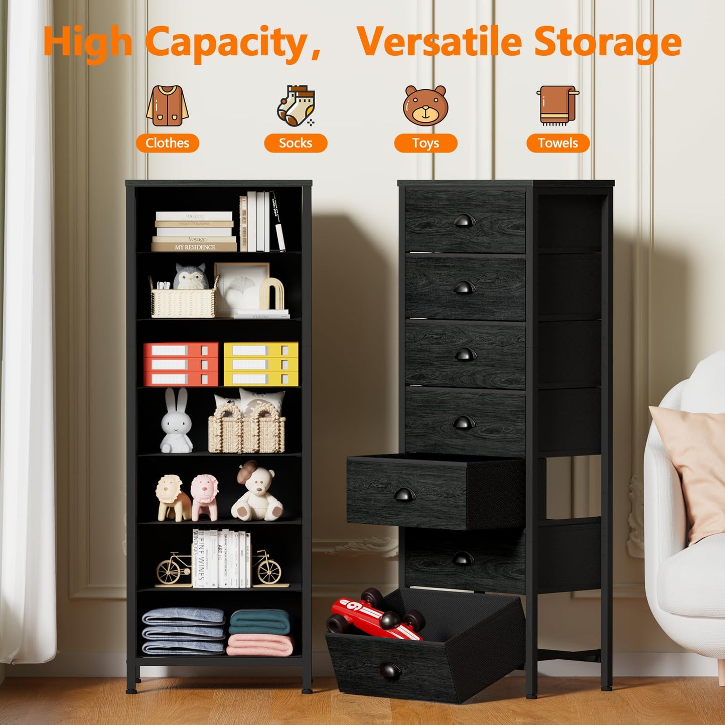 Furnulem Bedroom Dresser, Tall Chests of Drawers with 7 Fabric Bins, Black Organizer in Closet, Dorm, Living Room, Nursery, Hallyway-Storage Tower Unit, Sturdy Steel Frame