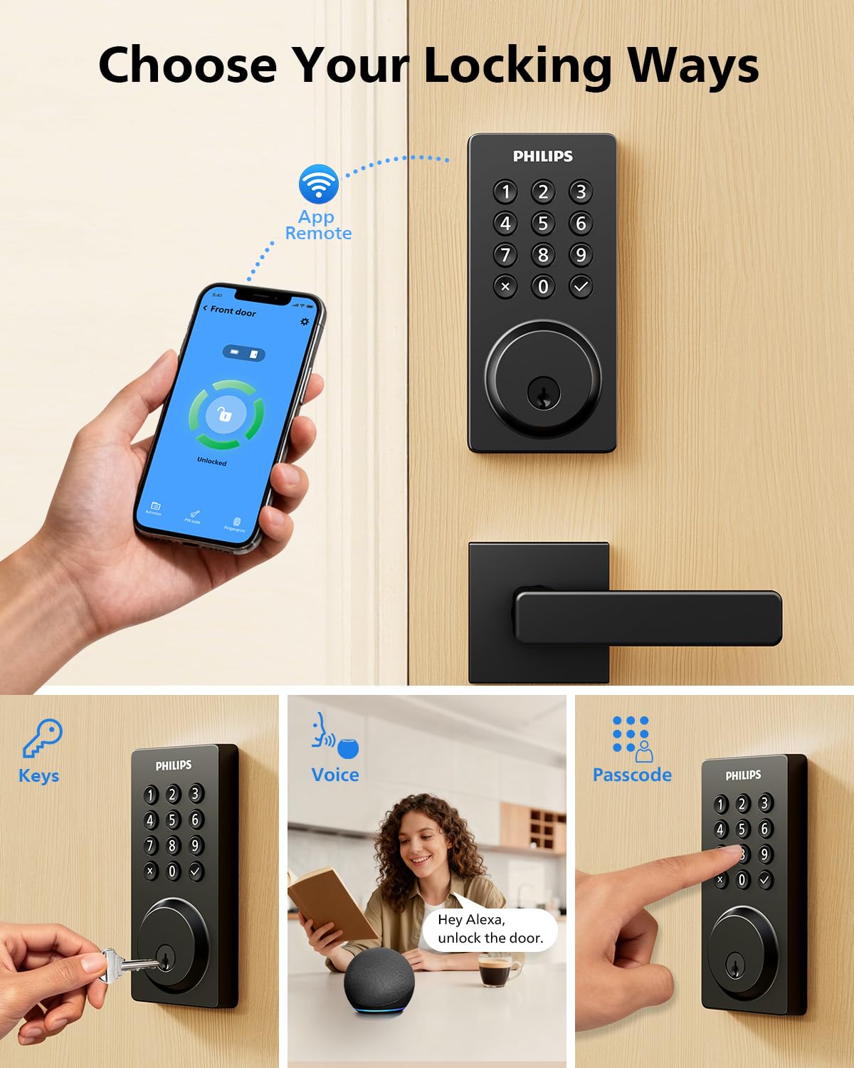 Philips WiFi Smart Door Lock with Handle, Built-in WiFi App Remote Control, Keyless Entry Door Locks for Front Door, Smart Deadbolt Auto Lock, Support Alexa & Google, IP54 Waterproof, Matte Black