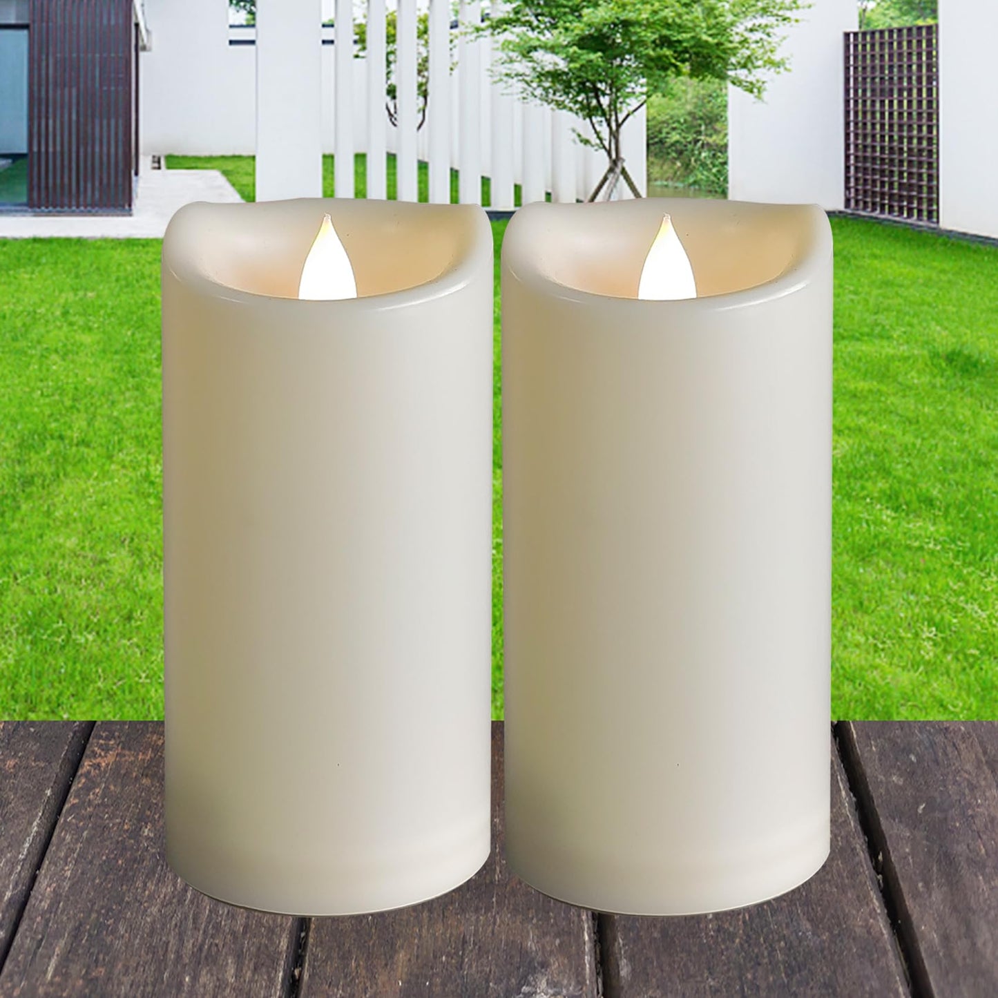 2 Pack Outdoor Battery Operated Candles with Timer (3x7 Inches) Waterproof Flameless Pillar Candles Flickering Plastic LED Fake Candles Electric Lights for Halloween Christmas Decoration Lantern Decor