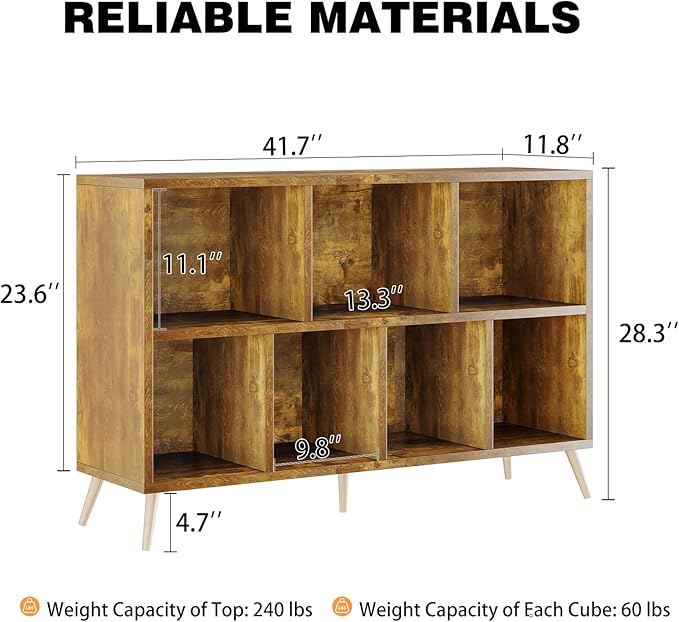 7-Cube Storage Organizer with Natural Wood Legs, Mid-Century Modern Bookcase