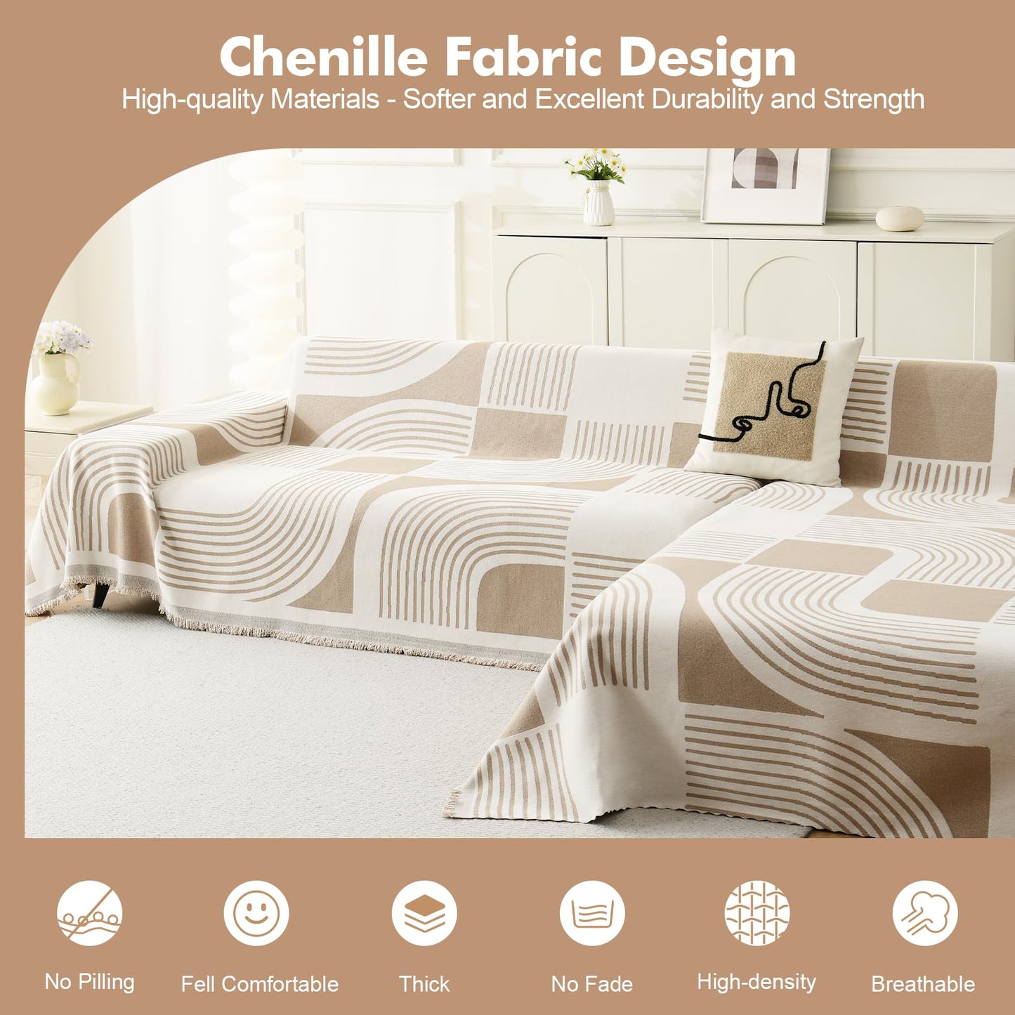 WEYOND Boho Chenille Couch Cover for L Shaped Sectional Sofa, Bohemian Sofa Covers Washable, Pet Friendly Chaise Cover for 2/3/4 Seater Couch (71" x 118" + 71" x 118", Khaki)