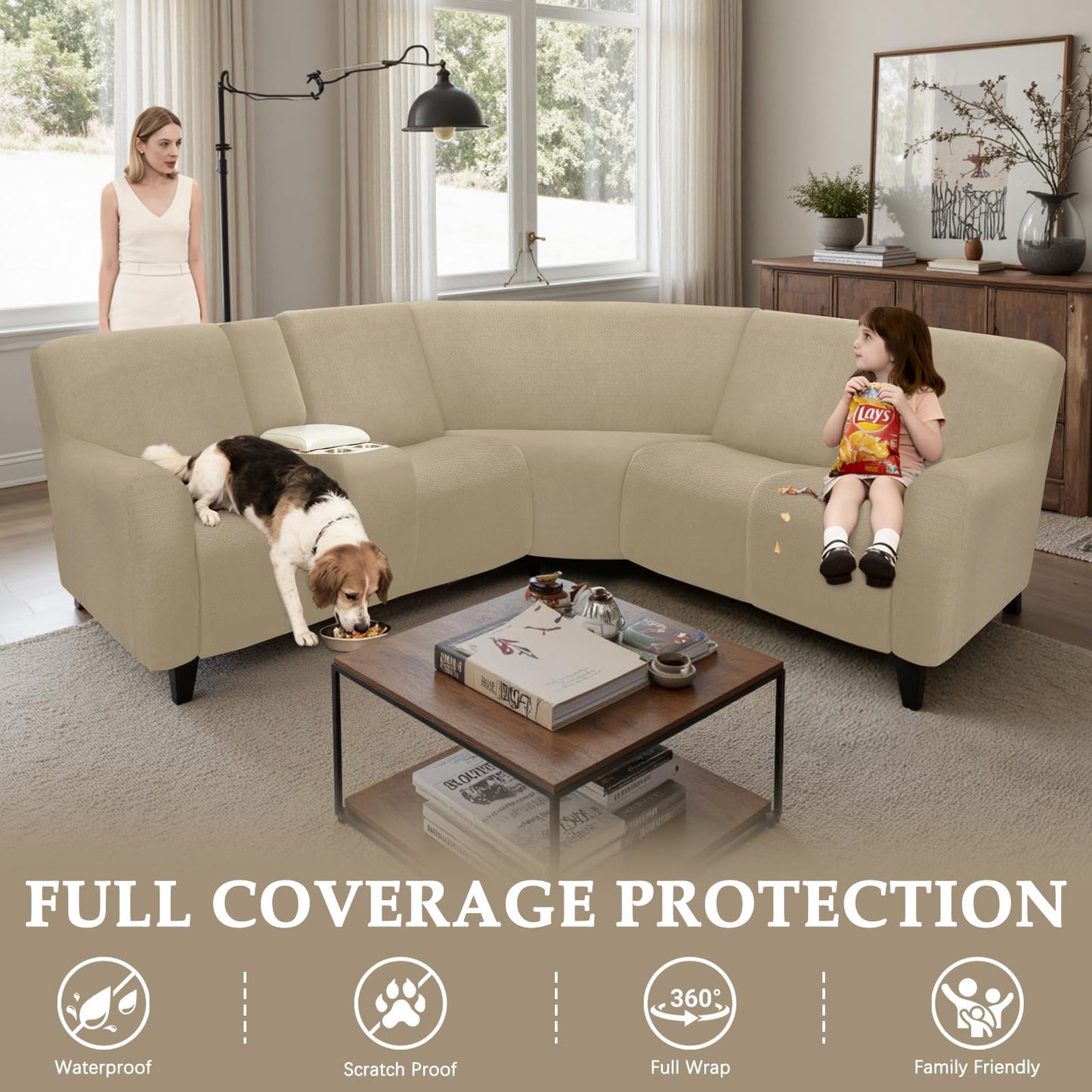 ROFASVCO Reclining Sectional Couch Covers Waterproof L Shape Washable Recliner Sofa Cover for L Shaped Sectional Soft Corner Recliner Slipcovers (5 Seater 1 Console Cover, Brownish Yellow)