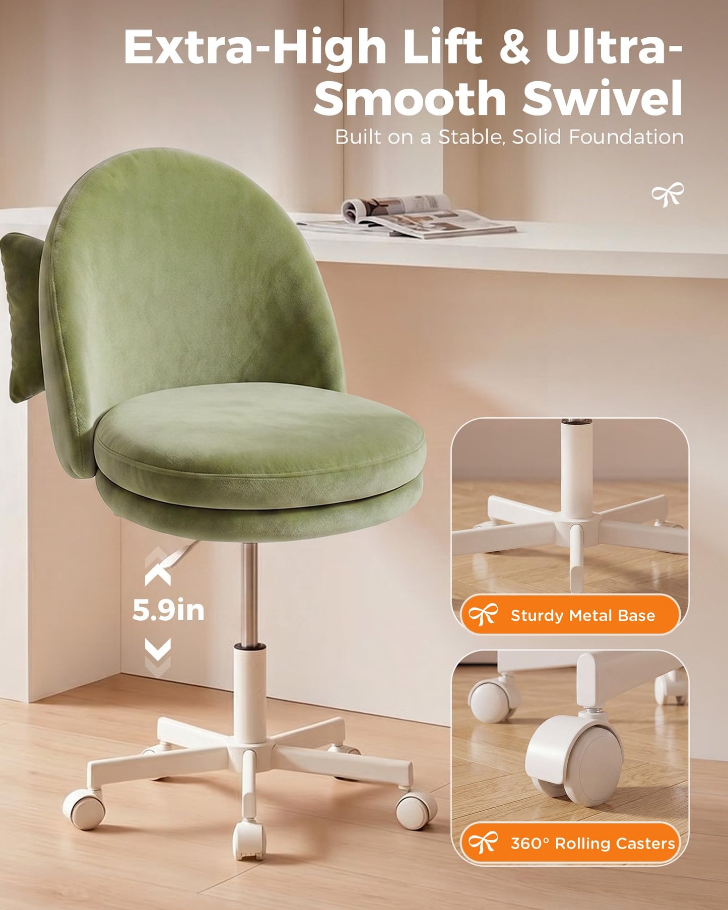 GTPLAYER Velvet Tall Office Chair with Wheels Vanity Chairs with Back, Versatile Height Use: Office to Bar Stools Small Ergonomic Comfy Armlees Computer Desk Chair with Bow Lumbar Pillow for Gift
