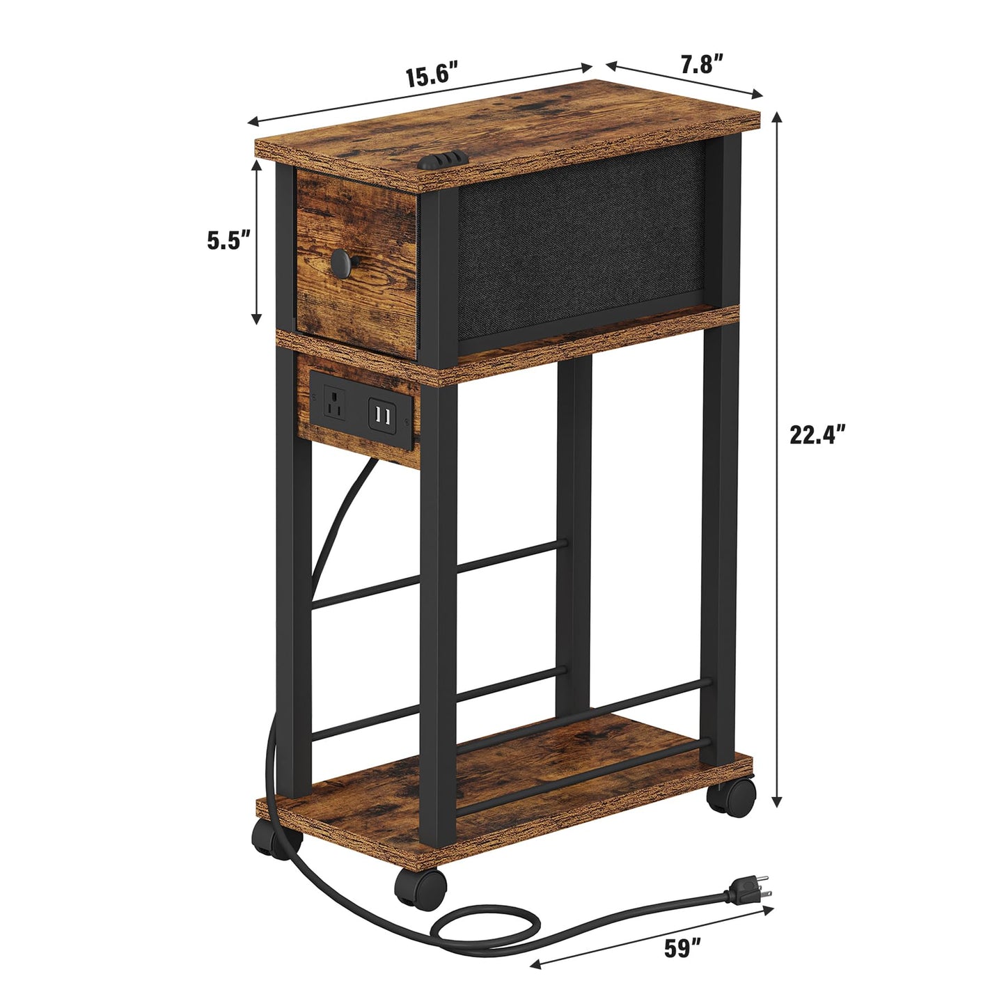 DGSANDGO Sofa Side Table Narrow End Table (1PC) - Rustic Brown & Black Two-Tone, Side Table with Charging Station (1 AC + 2 USB) & Storage Drawer, 4 Wheels Mobile Nightstand for Bedroom Living Room