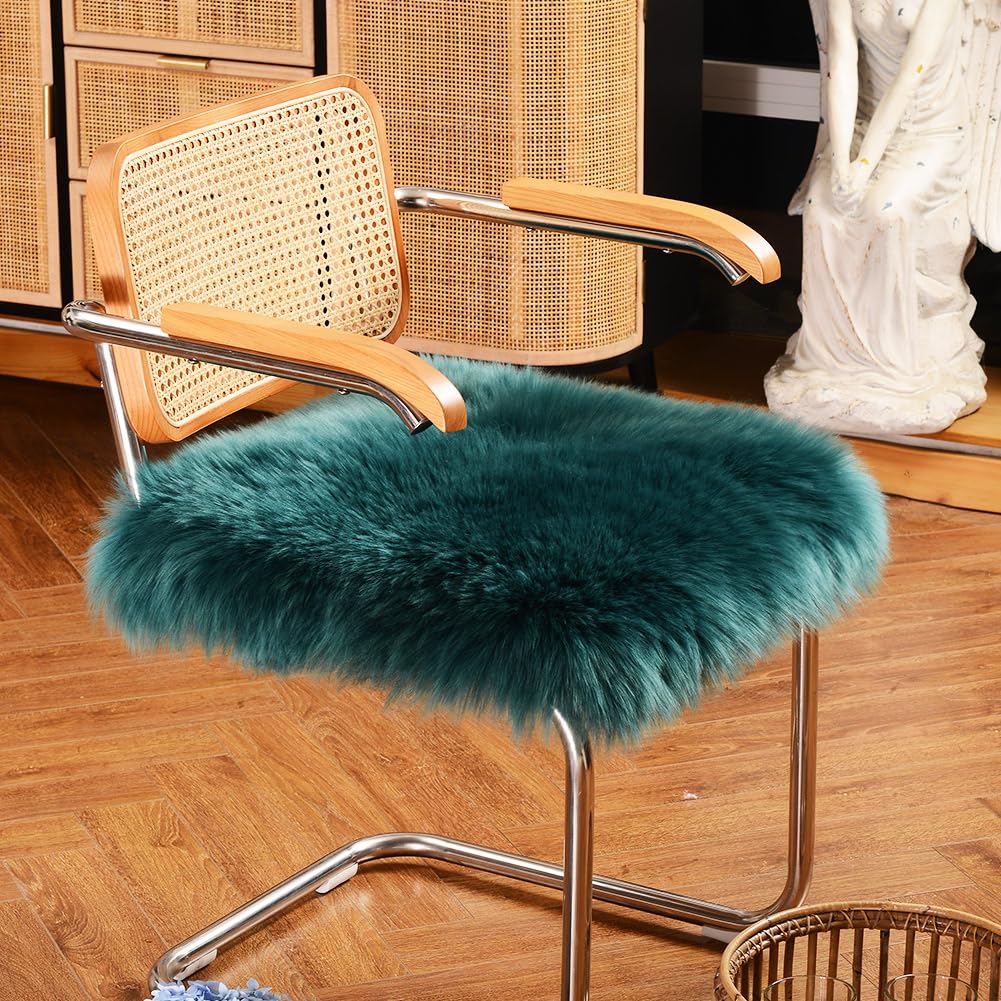 LLB Sheepskin Chair Covers Office Chair Cushion Dining Room Chair Pads Desk Chair Seat Cushion for Computer Chair Fur Area Rugs for Living Room 18x18 Inch (Pack of 1), Peacock Blue