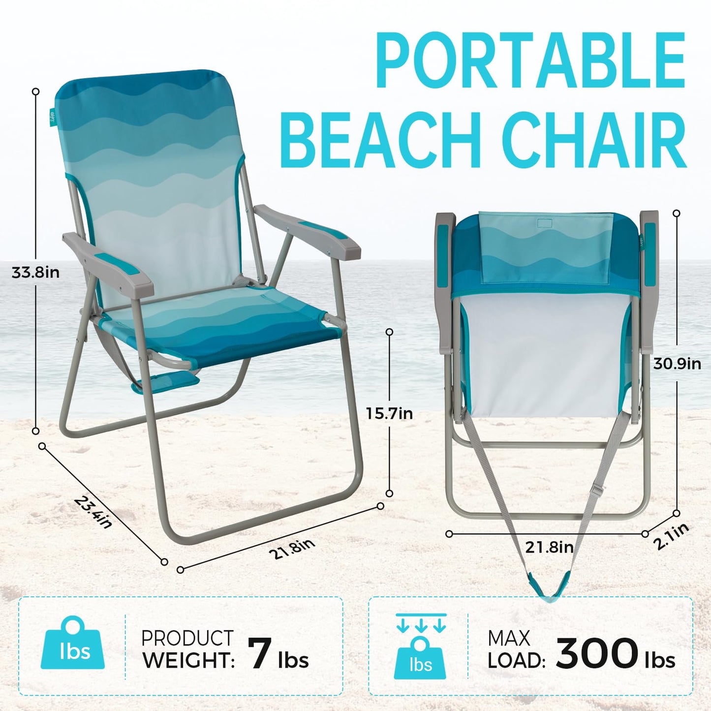 #WEJOY Folding Beach Chair for Adults, Lightweight Beach Chair with Shoulder Straps, High Back Camping Chairs with Hard Armrest, Supports 300lbs for Outdoor Lawn Concert (Cyan White)