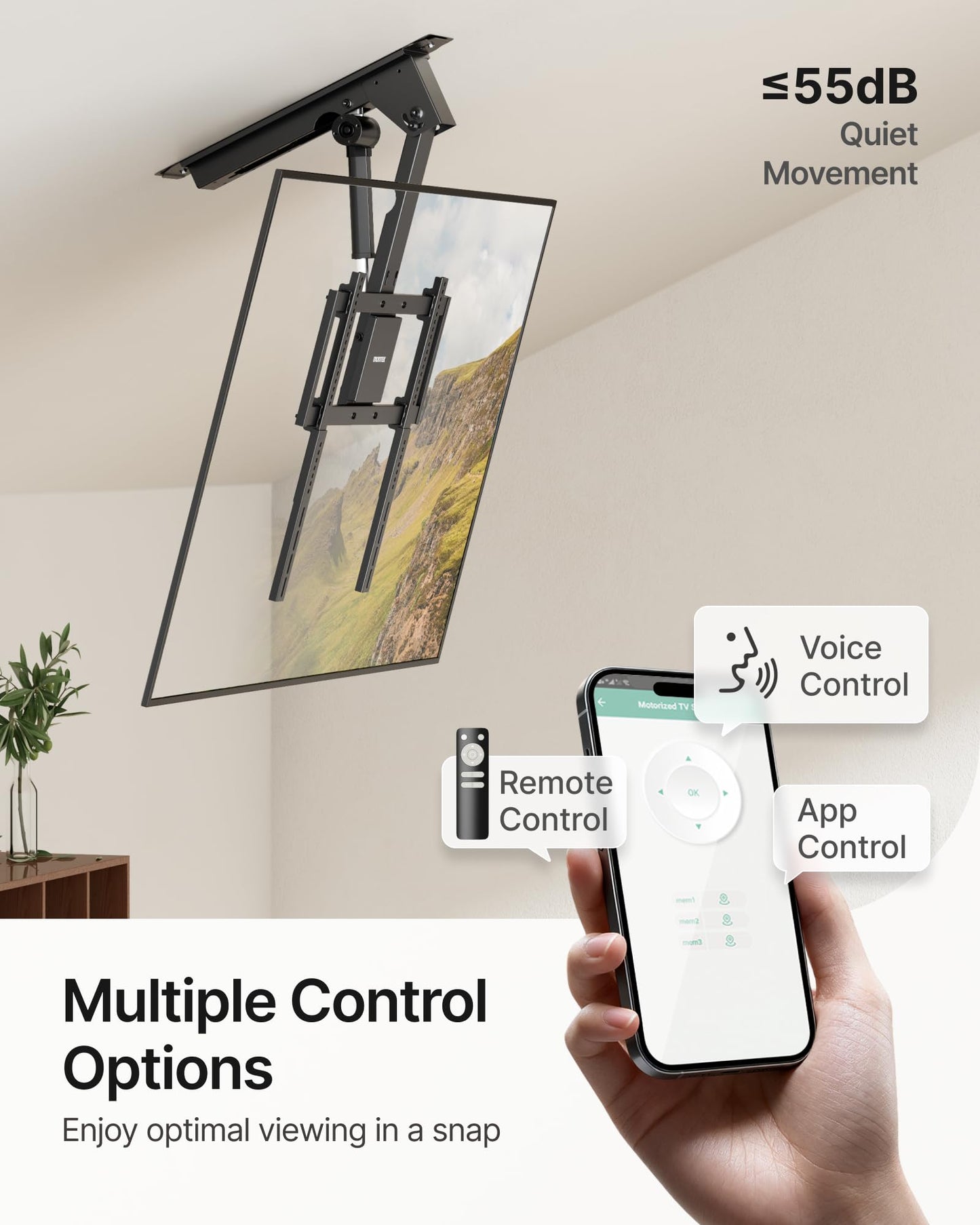 monTEK Motorized Ceiling TV Mount for 32-75 Inch TVs up to 121lbs, Heavy-Duty Electric Flip Down Ceiling Mount, Off-Center TV Compatible, Remote/App/Voice Control, Fits Flat & Pitched Roof