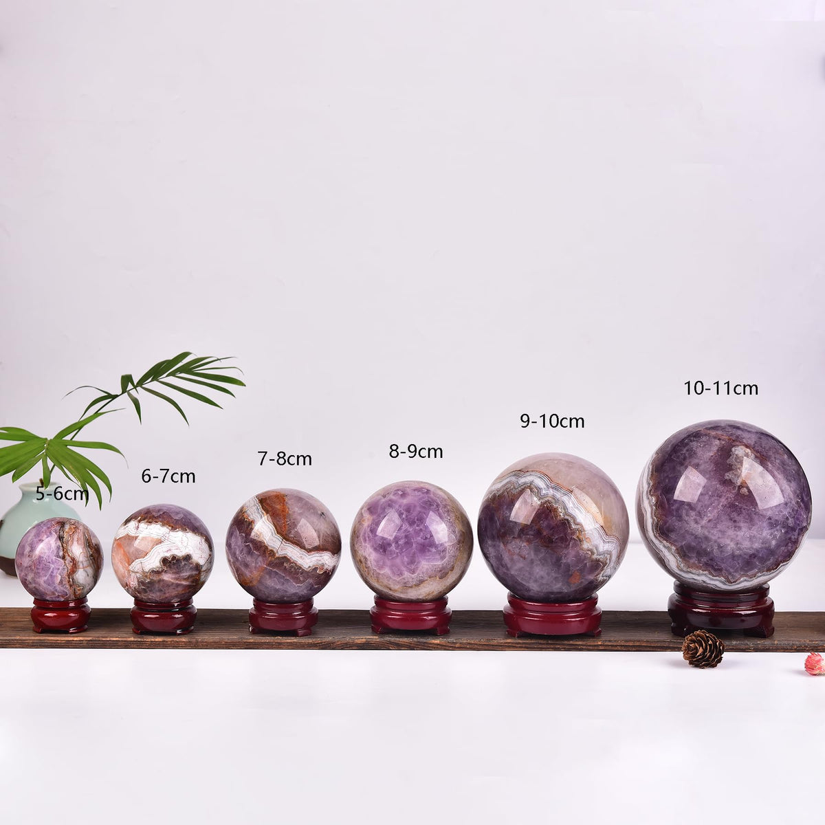 JIC Gem Amethyst Agate Crystal Ball with Wooden Stand Pink Healing Crystal Sphere Ball for Feng Shui Decor Spiritual Gifts 60-70mm