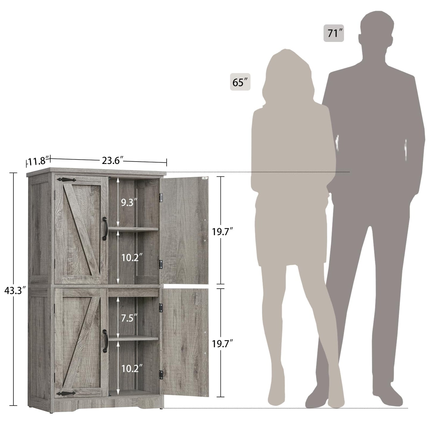 TEENFON Farmhouse Storage Cabinet with 2 Adjustable Shelves, Bathroom Cabinet with 4 Doors, Cupboard for Kitchen, Living Room, Rustic Gray