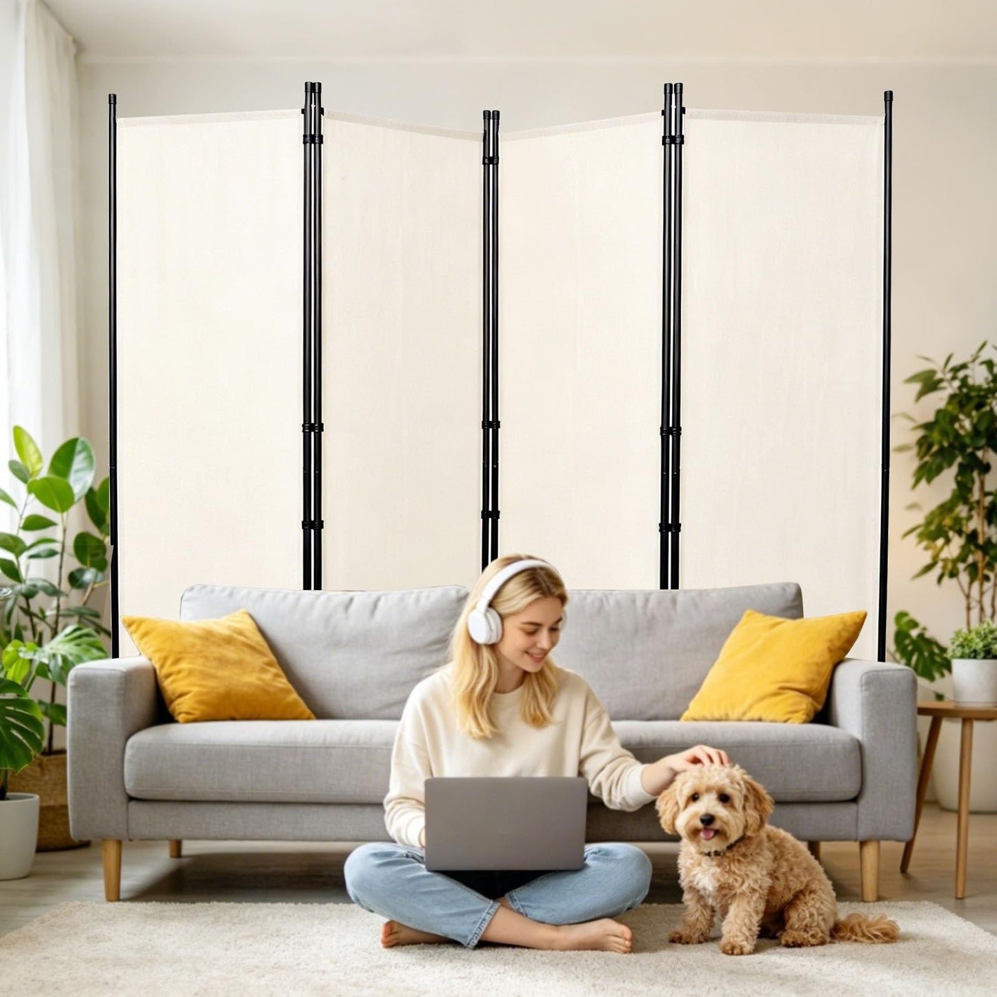Room Divider and Folding Privacy Screens, 4 Panel 88in Wide Room Divider Wall Screen for Room Separtition, Partition Room Dividers Fabric Panel Wall Dividers for Office, Bedroom, Studio Dorm, Beige