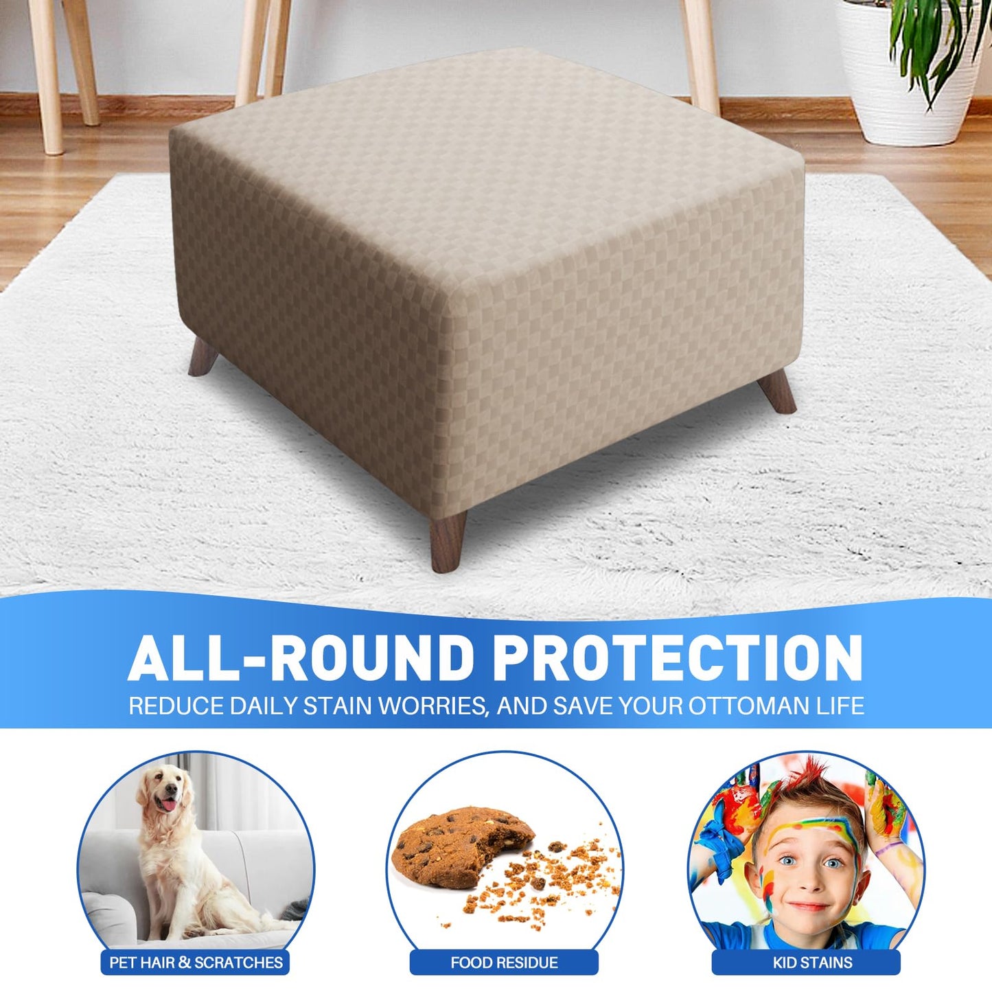 MAXIJIN Jacquard Ottoman Cover Slipcovers Folding Storage Stool Furniture Protector Cover Soft Thick Rectangle Foot Rest Slipcover with Elastic Bottom (Ottoman X-Large, Khaki)