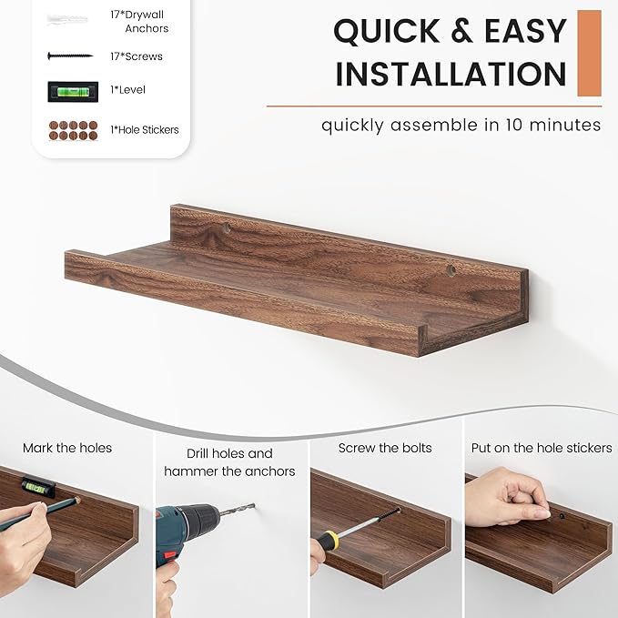 Floating Picture Ledge Shelves Set of 8, 16 Inch Shelves