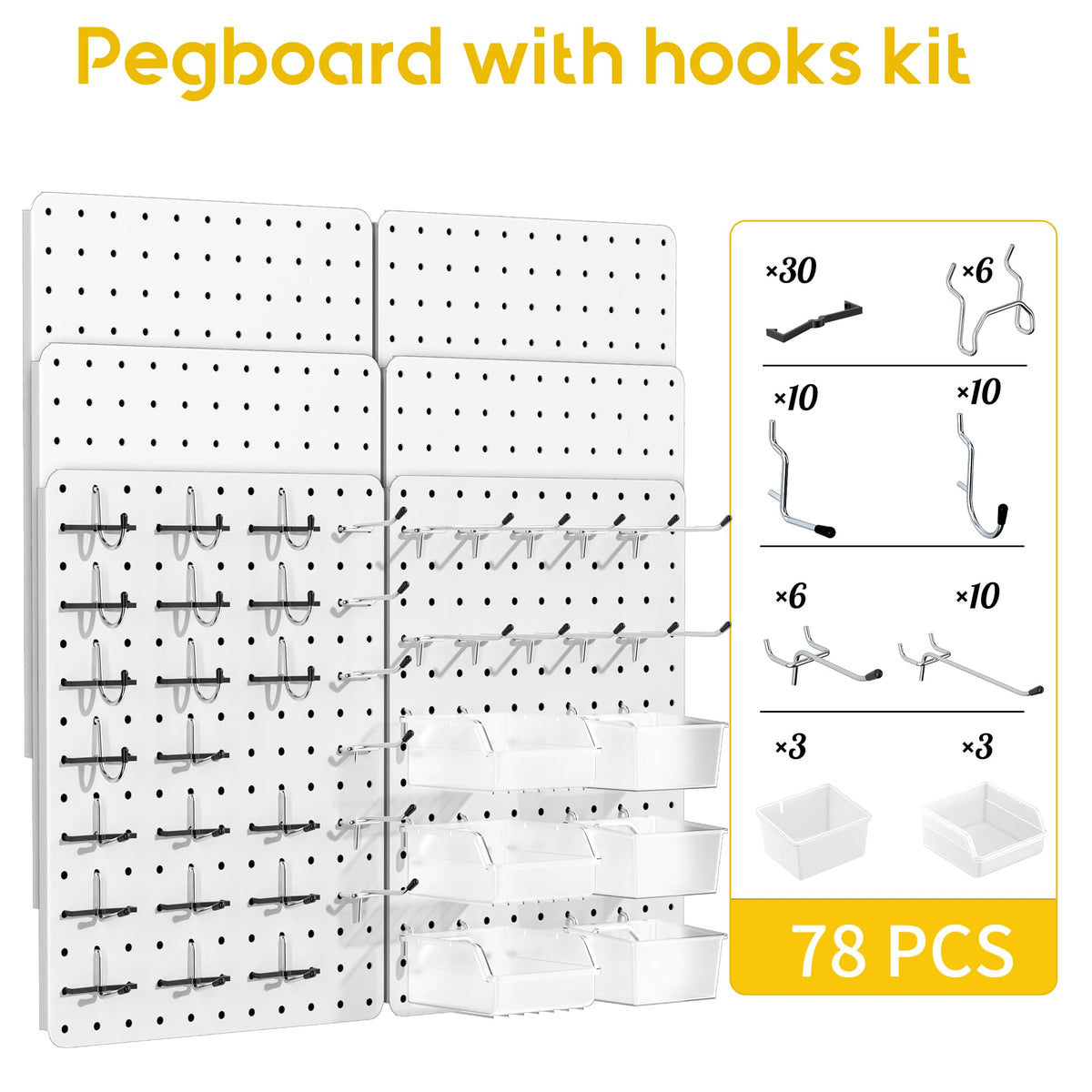 PHX Grove Peg Board for Tools, 6 Pack Metal Pegboard Wall Organizer with Hooks,14.76"×10.82" White Pegboard Panels for Walls Home, Garage Tool Storage, Kitchen, Office Organization, Craft Room
