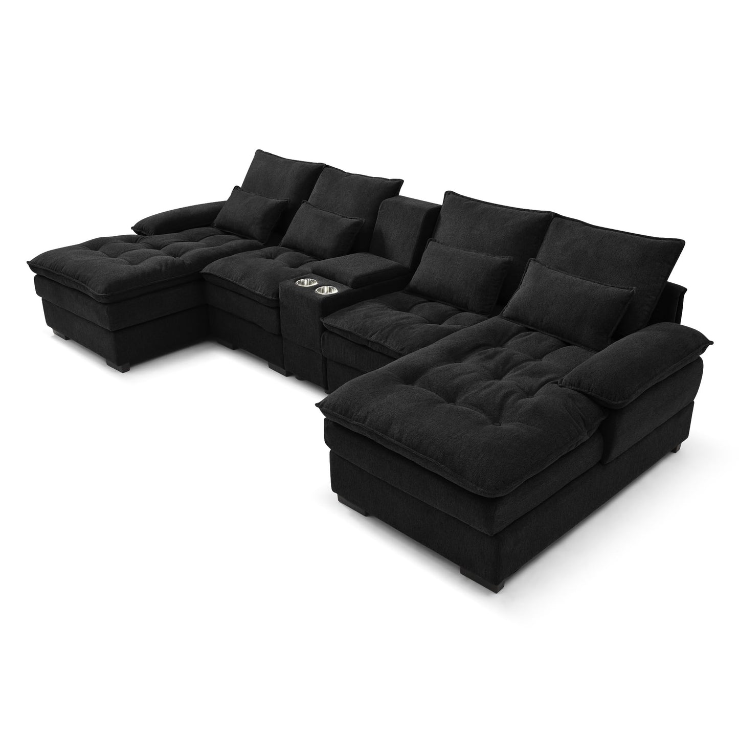 KEIKI U-Shaped 6 seat Sofa with Storage Console, Cup Holders, 130" Upholstered Sectional Sofa, Button Tufted Cloud Cushion Couch for Home, Office, Black