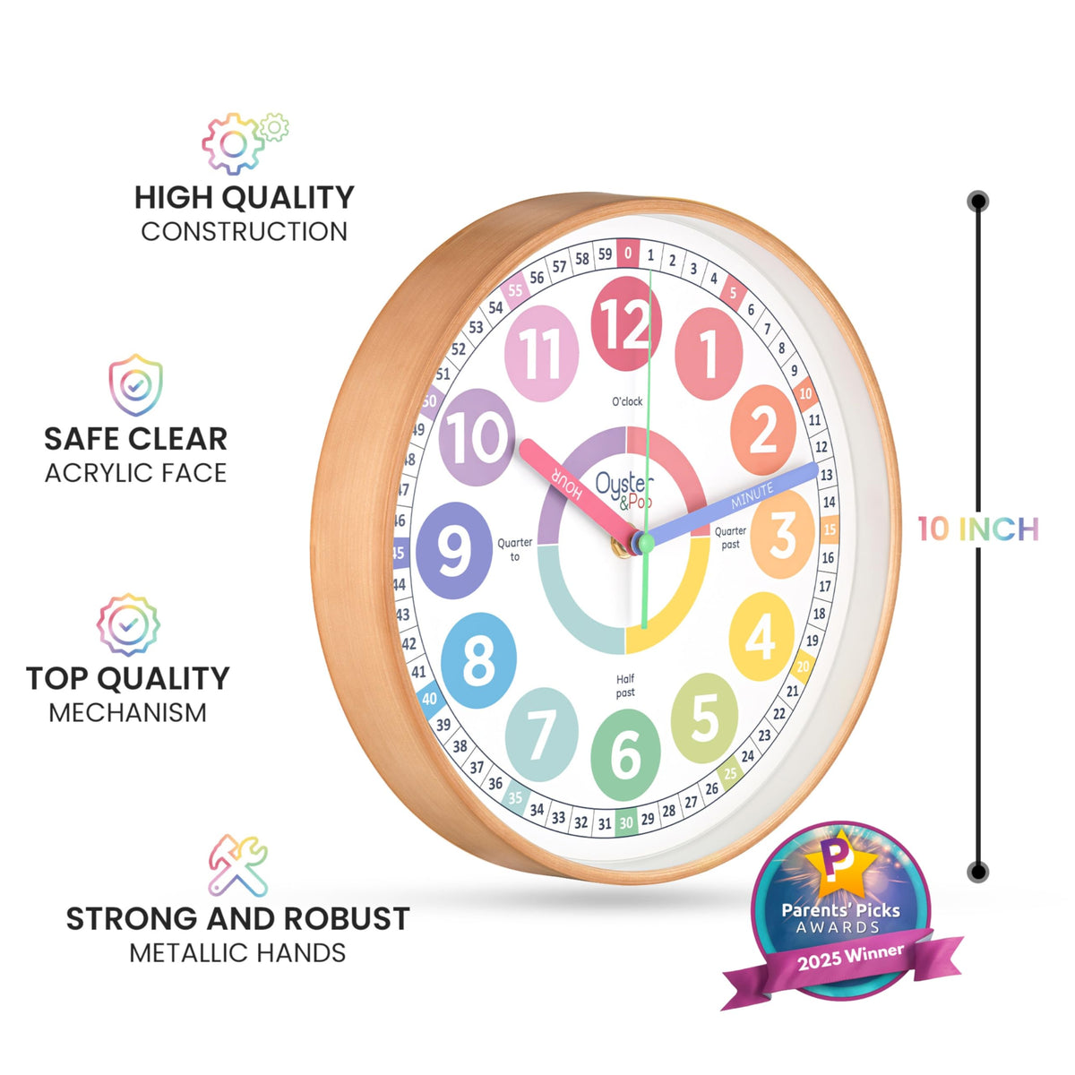 Oyster&Pop Kids Clock - Silent 10" Pastel Analog Learning Wall Clock - Award-Winning Telling Time Teaching Clock for Kids - Bedrooms Homeschool & Classrooms - Includes eBook