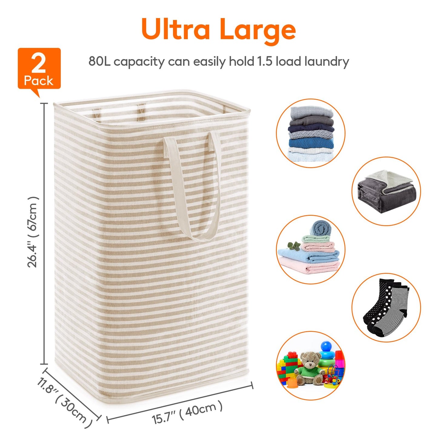 Lifewit 2 Pack Laundry Basket 80L Each, Collapsible Clothes Hamper with Reinforced Handles, Freestanding Waterproof Design for Bedroom and Laundry Room, Beige 160L Total