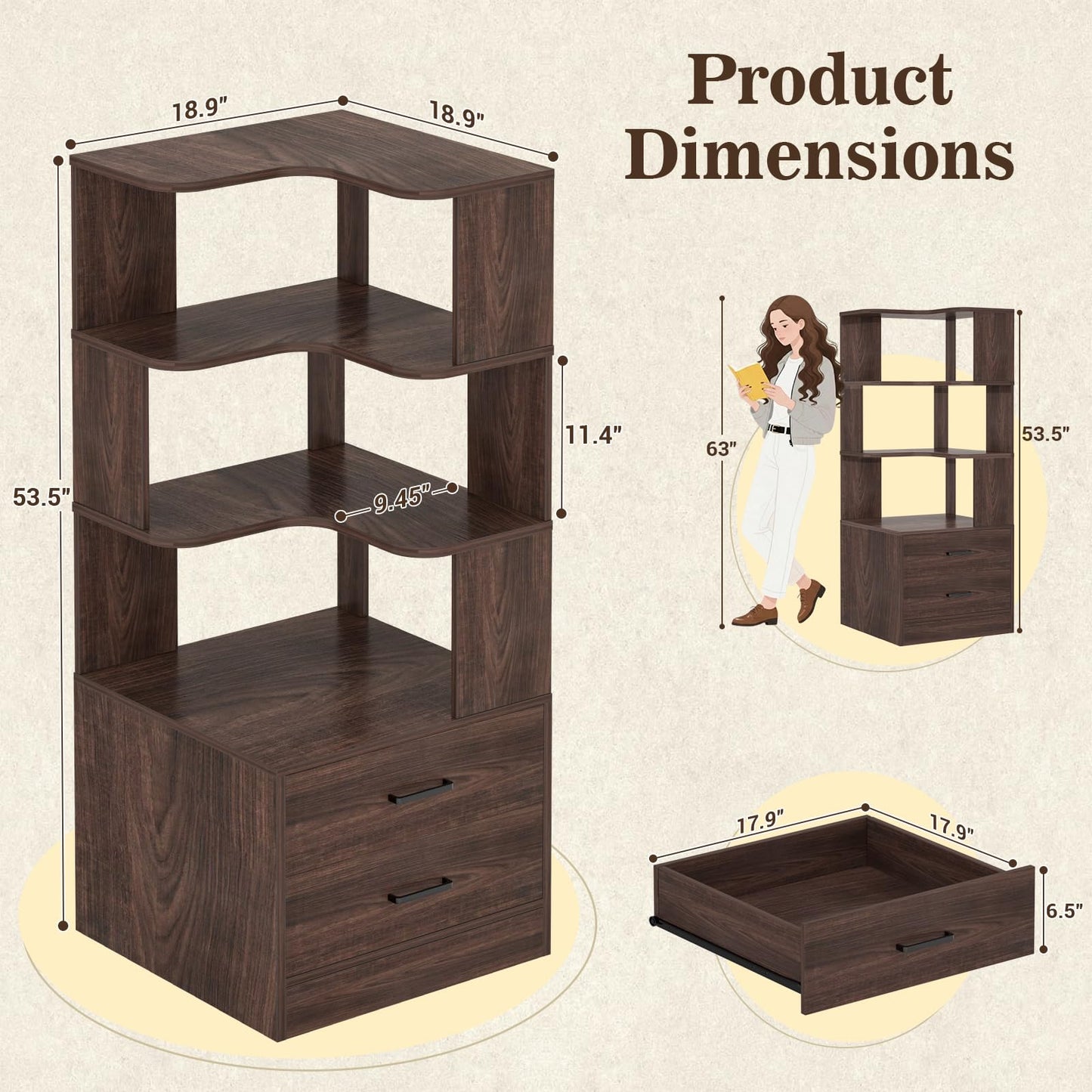 Armocity Corner Bookshelf with Drawers, 6 Tier Corner Book Shelf Display Bookcase, Freestanding L Shaped Bookshelf for Bedroom, Living Room, Home Office, Black Walnut