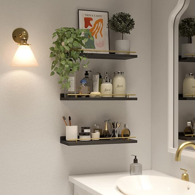 WOPITUES Floating Shelves with Gold Metal Guardrail, Shelves
