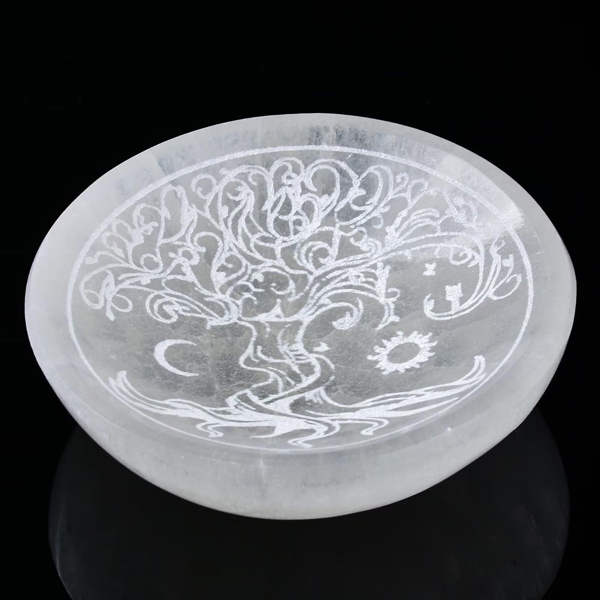 AMOYSTONE Natural Selenite Charging Bowl with Tree of Life Engraving 3.5-4'' Energy Cleansing Crystal Plate for Healing Meditation and Spiritual Home Decor