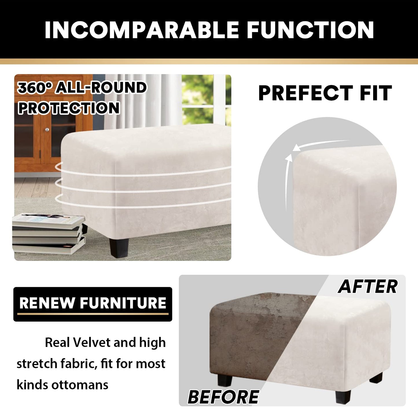 PrinceDeco Real Velvet Plush Ottoman Cover Soft Rectangle Folding Storage Covers Furniture Protector Removable Footstool Protect Footrest Covers Elastic Bottom(Large, Ivory)
