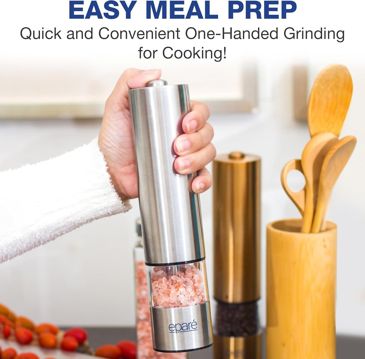 Eparé Bundle: Electric Salt or Pepper Grinder & Steel Egg Cracker Topper Set - Battery Operated Ceramic Burr Peppermill Shaker & Complete Soft Boiled Egg Tool Set
