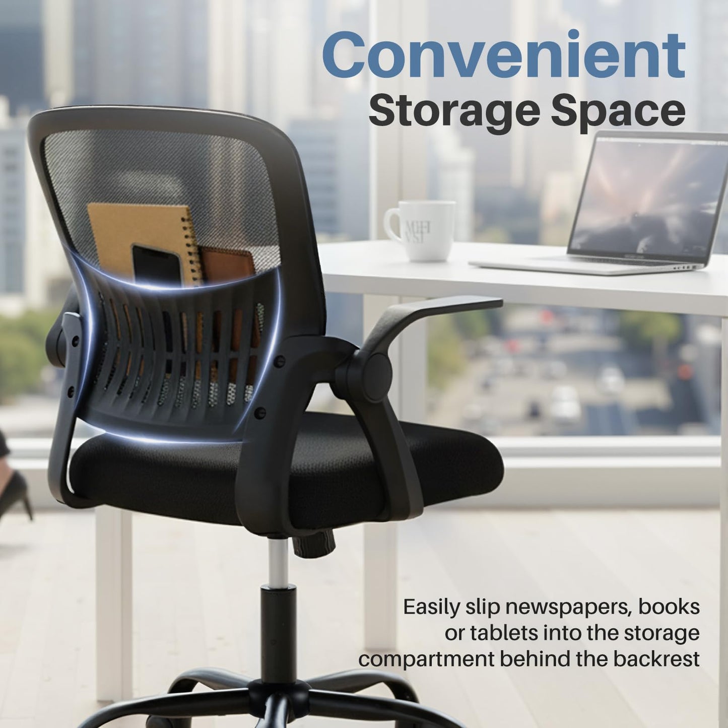 DUMOS Home Office Desk Chair - Ergonomic Computer Mesh Chair with Lumbar Support & Rocking Mode, Height Adjustable, Flip-up Armrest, for Conference, Meeting Room, 360° Swivel, Adults, Black