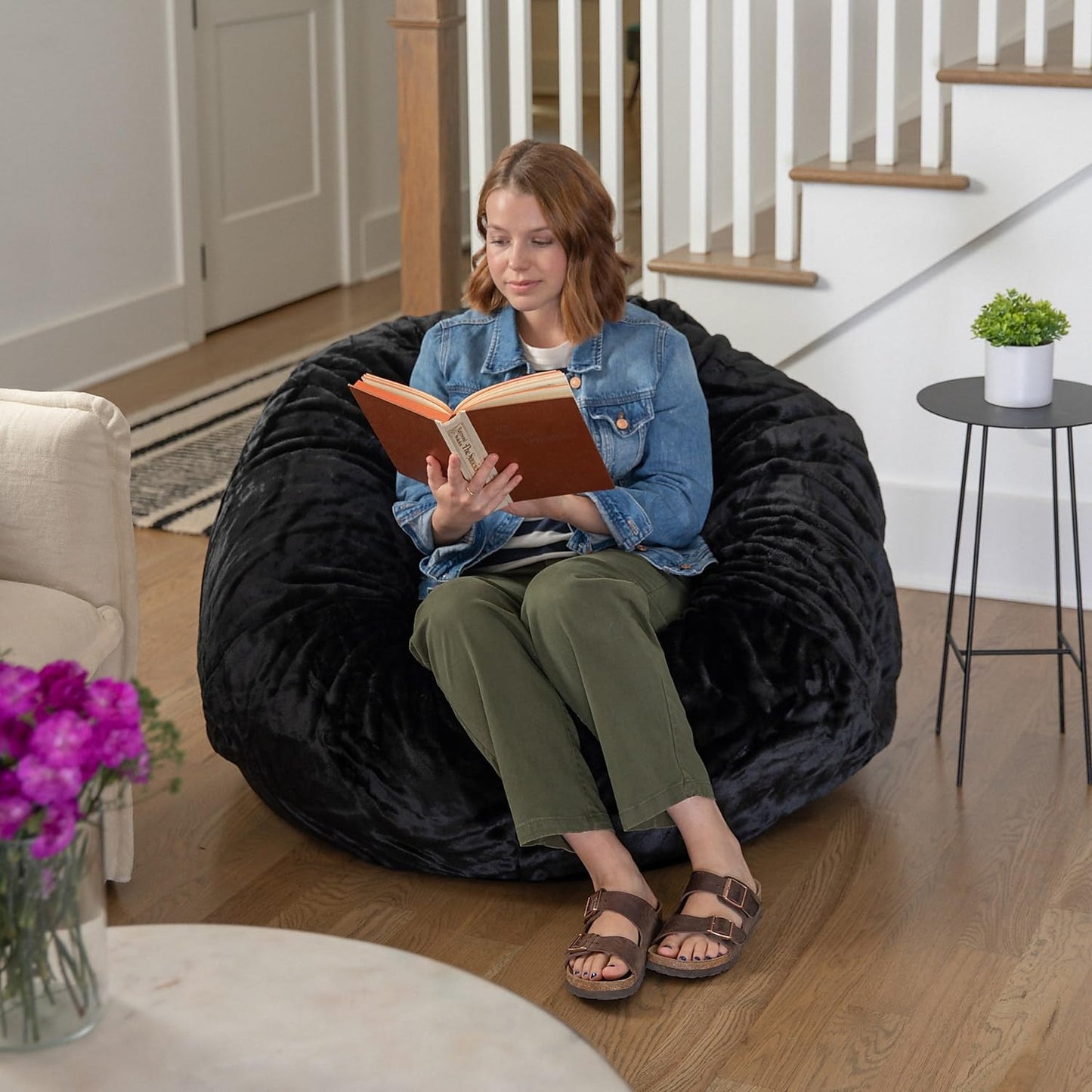 Flash Furniture Duncan Oversized Black Furry Bean Bag Chair for Kids and Adults
