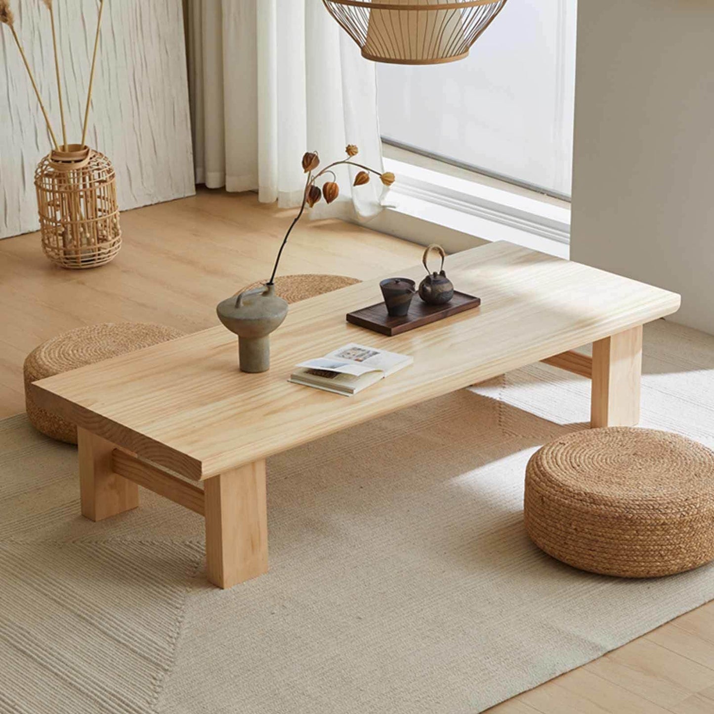 Japanese Style Solid Wood Coffee Table - Zen Tatami Low Table, New Chinese Design, 70.9" Long Balcony Floor Table, Elegant Wood Finish for Living Room & Office
