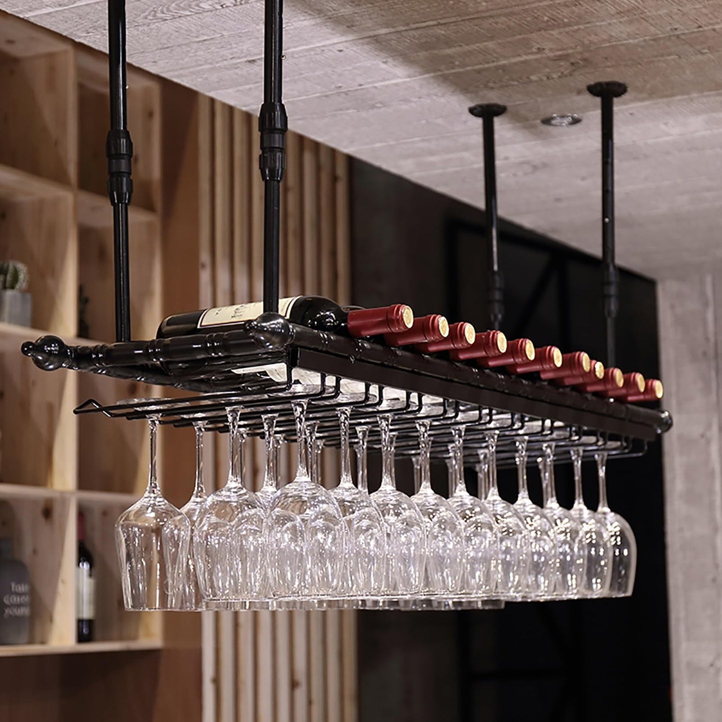 TXGJWRA Ceiling Wine Glass Rack,Hanging Wine Rack with Glass Holder and Shelf,Height Adjustable Metal Ceiling Bar Wine Glass Rack,Liquor Bottle Display Shelf for Bars Cafe Kitch,Black-60x30cm