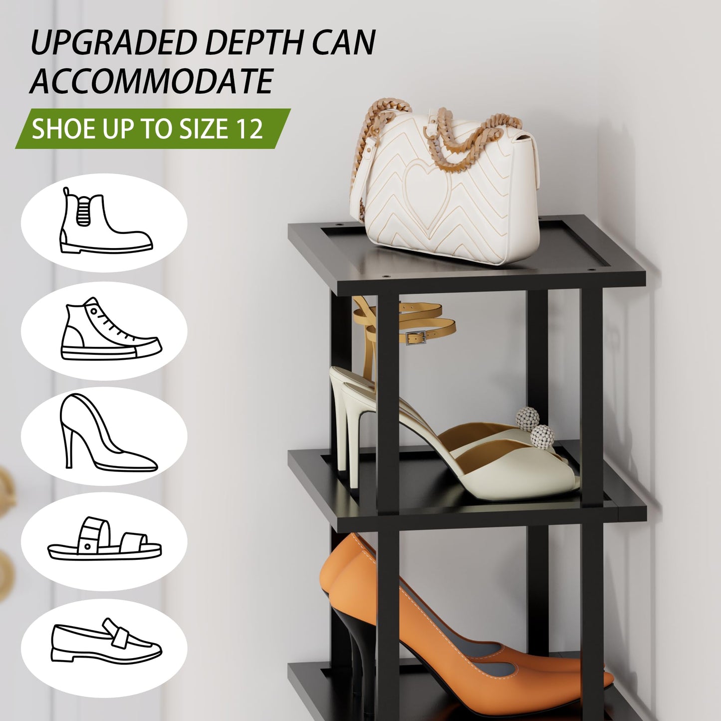Vertical Tall Shoe Rack Organizer for Entryway -12 Tier Free Standing Slim Narrow Bamboo Wood Corner Stackable Shoe Boots Storage Stand Small Spaces for Closet Garage Cloakroom Living Room (Black)