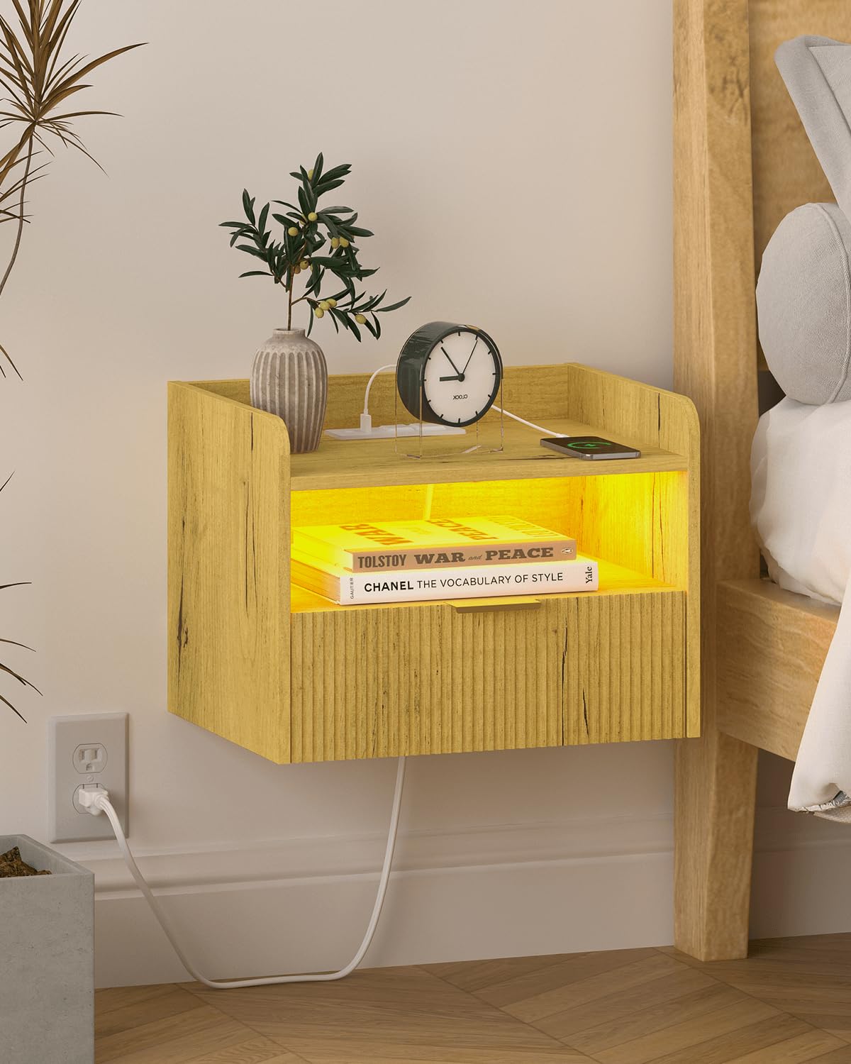Veegle Floating Nightstand with Charging Station and LED Lights (Yellow Oak)
