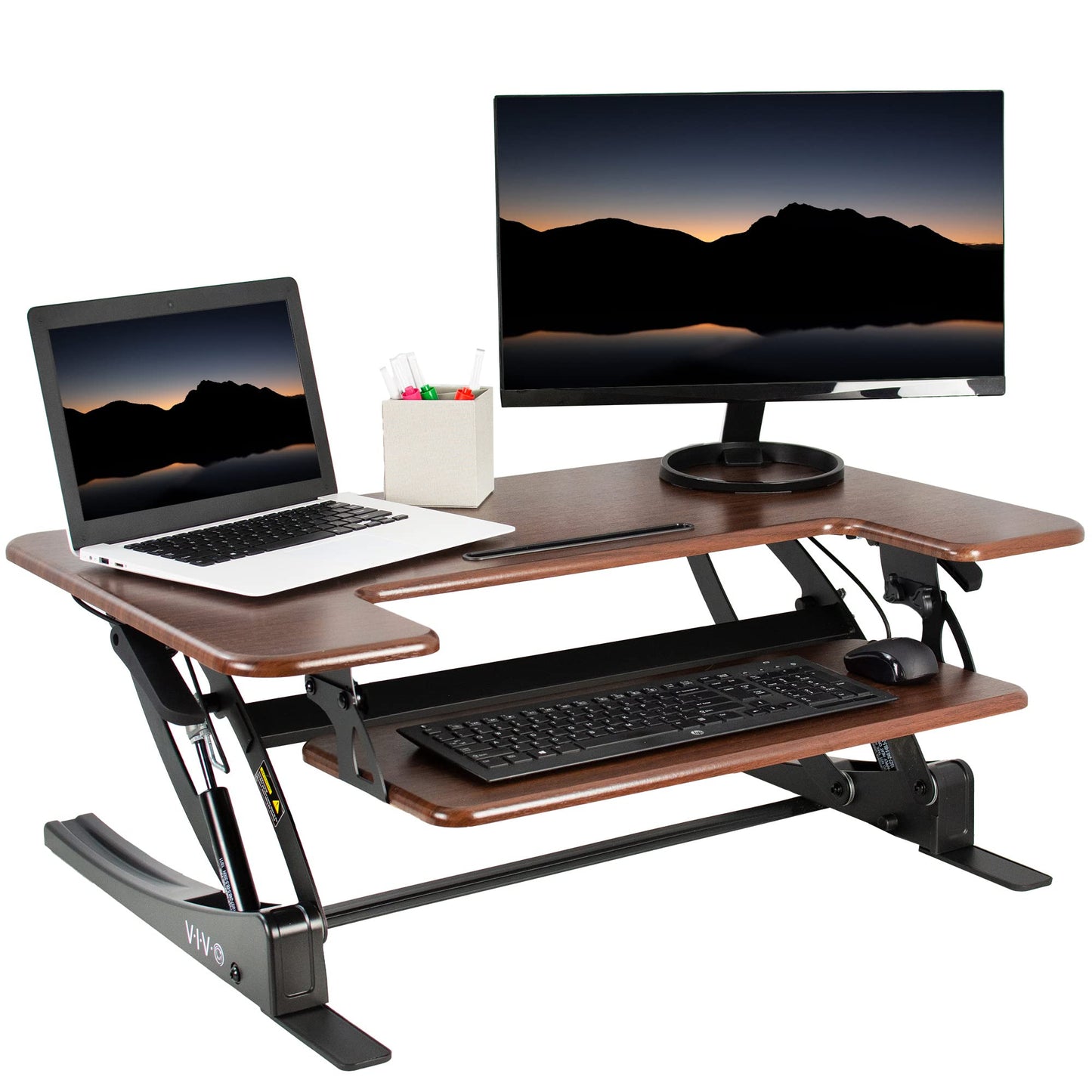 VIVO 36 inch Height Adjustable Stand Up Desk Converter, V Series, Quick Sit to Stand Tabletop Dual Monitor Riser Workstation, Dark Walnut Top, Black Frame, DESK-V000VD