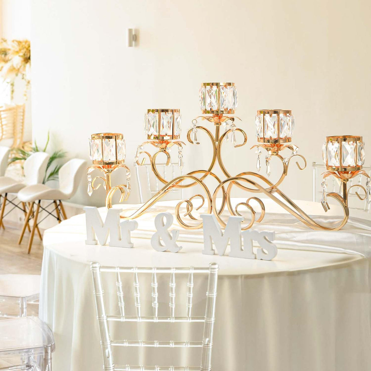 Kehail Gold 5 Arms 26.8 Inches Wide Crystal Pendant Bowl Tea Light Candle Holder, Large Bling Centerpiece Table Decorations, Metal Votive Candle Holders for Dining Table (Gold, Cup-Shaped)