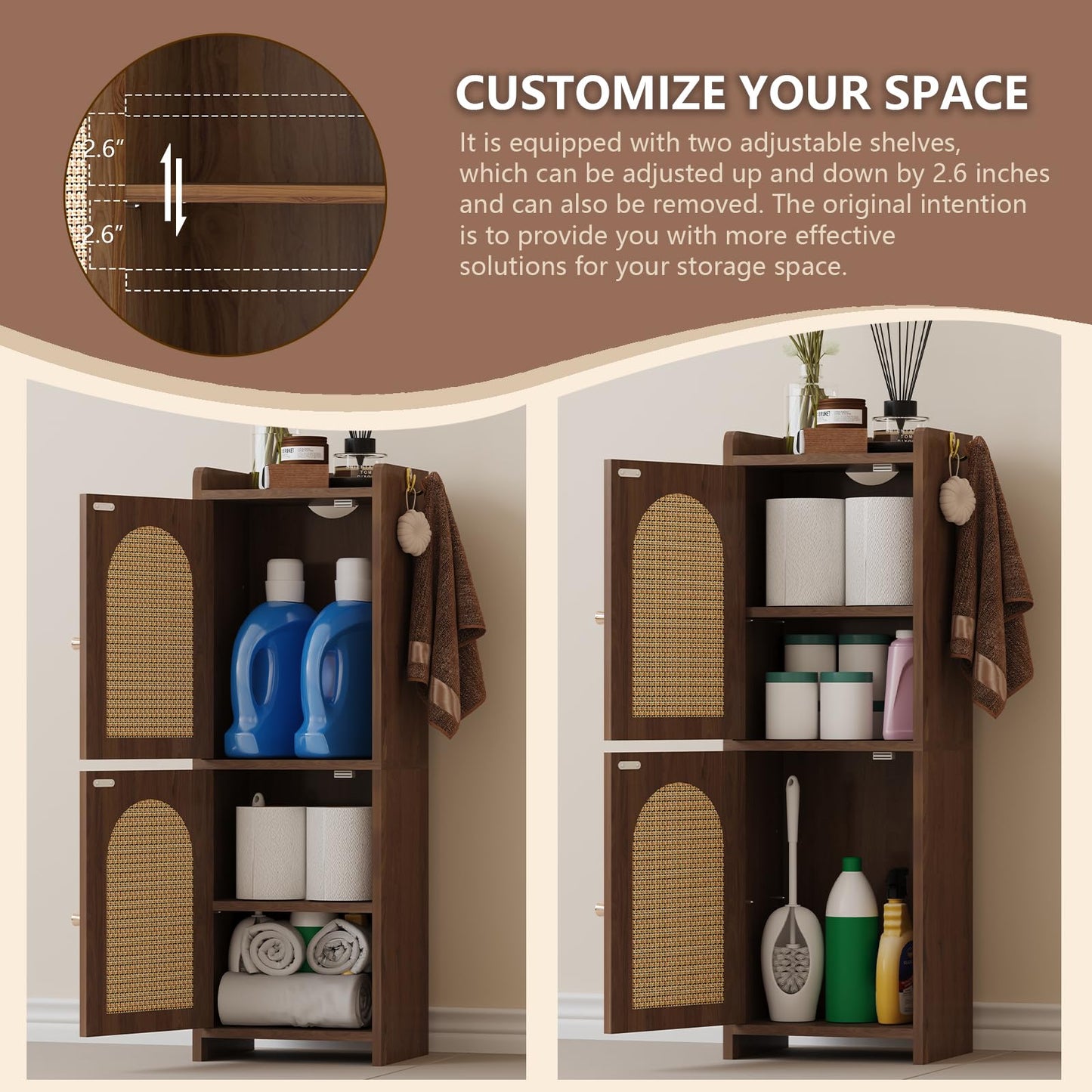 Rattan Bathroom Storage Cabinet,Corner Floor Cabinet with 2 Doors and Adjustable Shelf, Narrow Toilet Paper Cabinets with 2Hooks,Toilet Organizer for Small Spaces,7.87"D*9.84"W*29.72"H （Brown）